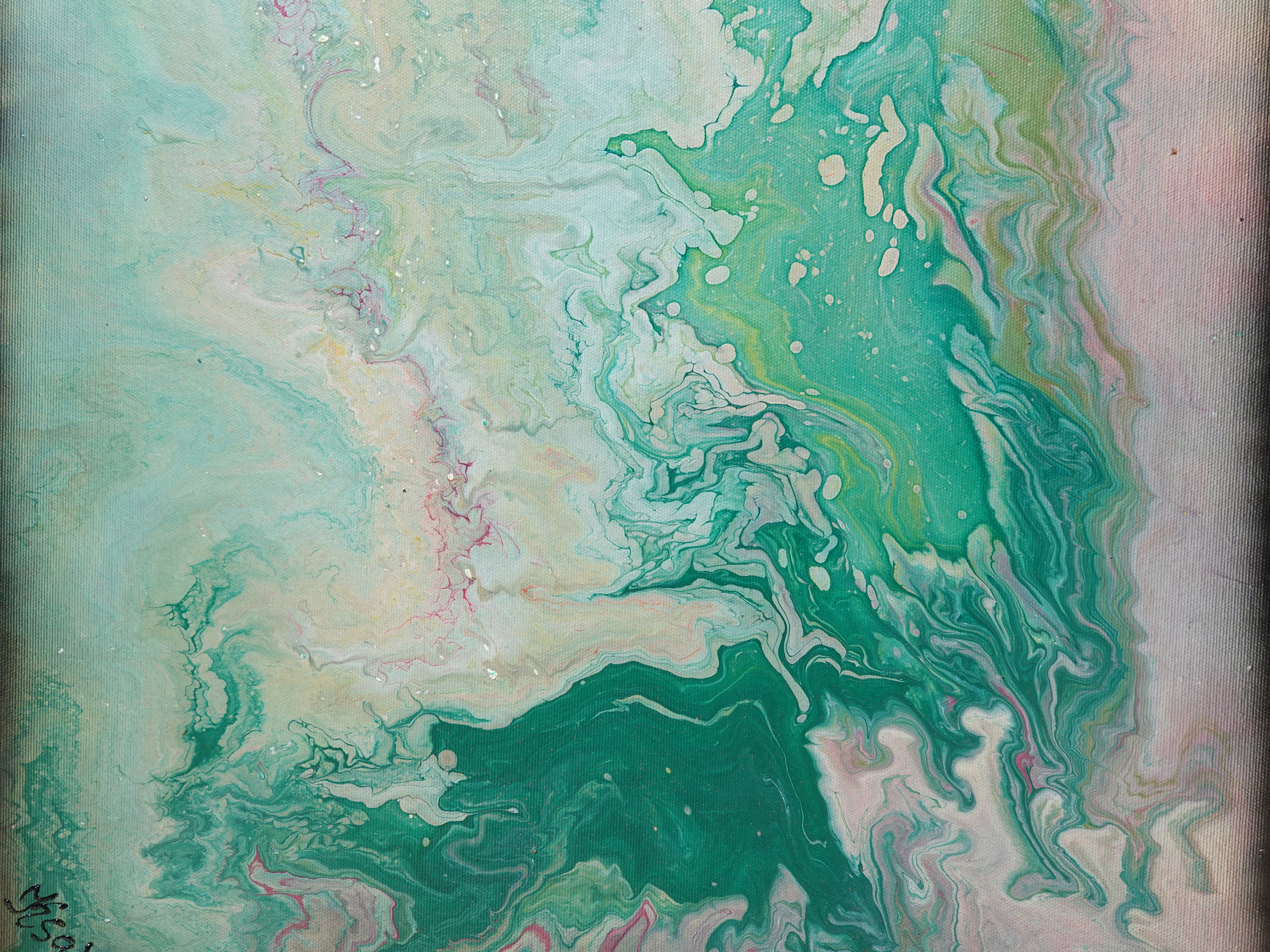 Abstract painting A1117 is a large-scale pouring green pink triptych. Original Acrylic Paintings on stretched canvas by artist Ksavera