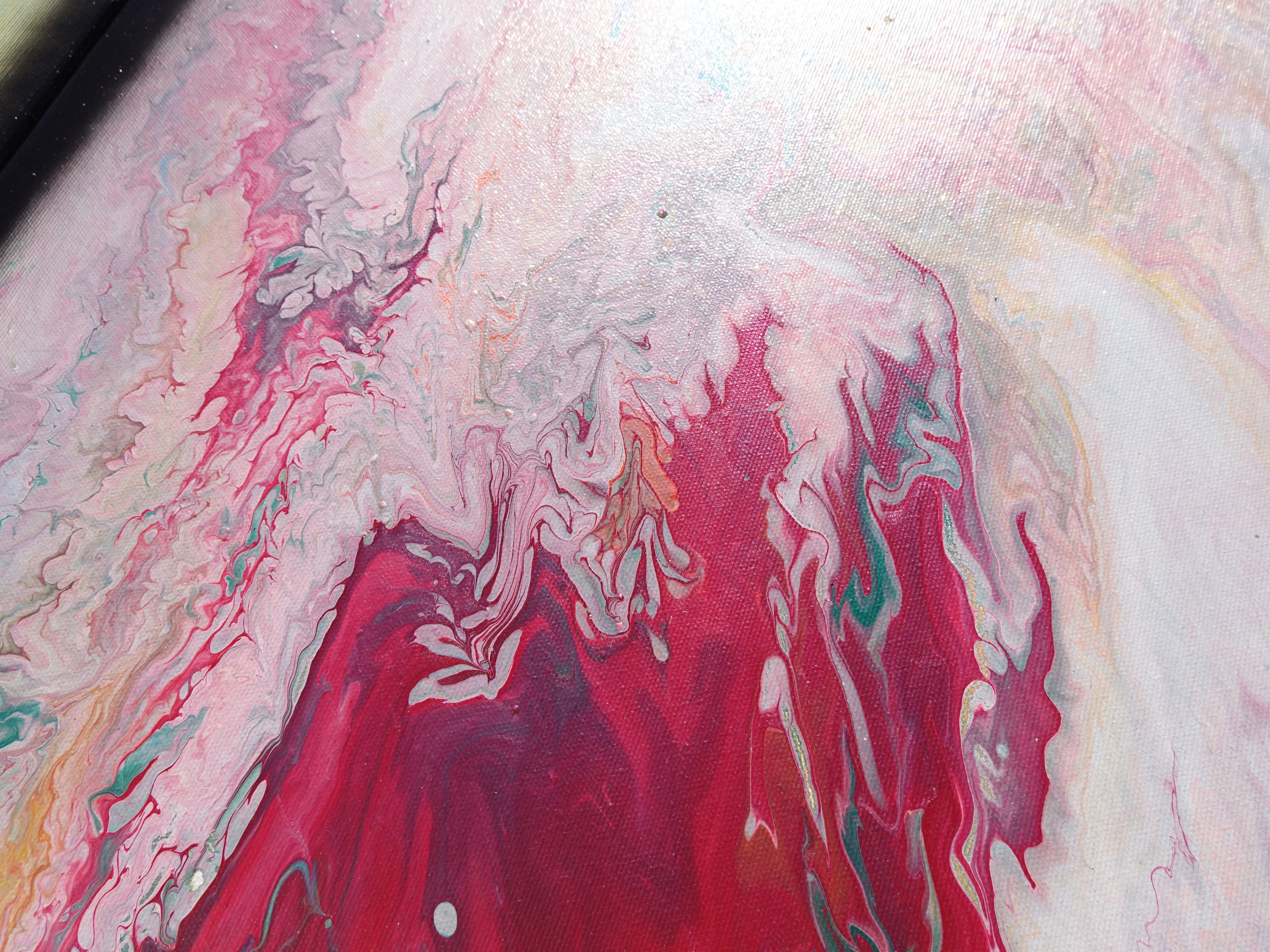 Abstract painting A1117 is a large-scale pouring green pink triptych. Original Acrylic Paintings on stretched canvas by artist Ksavera