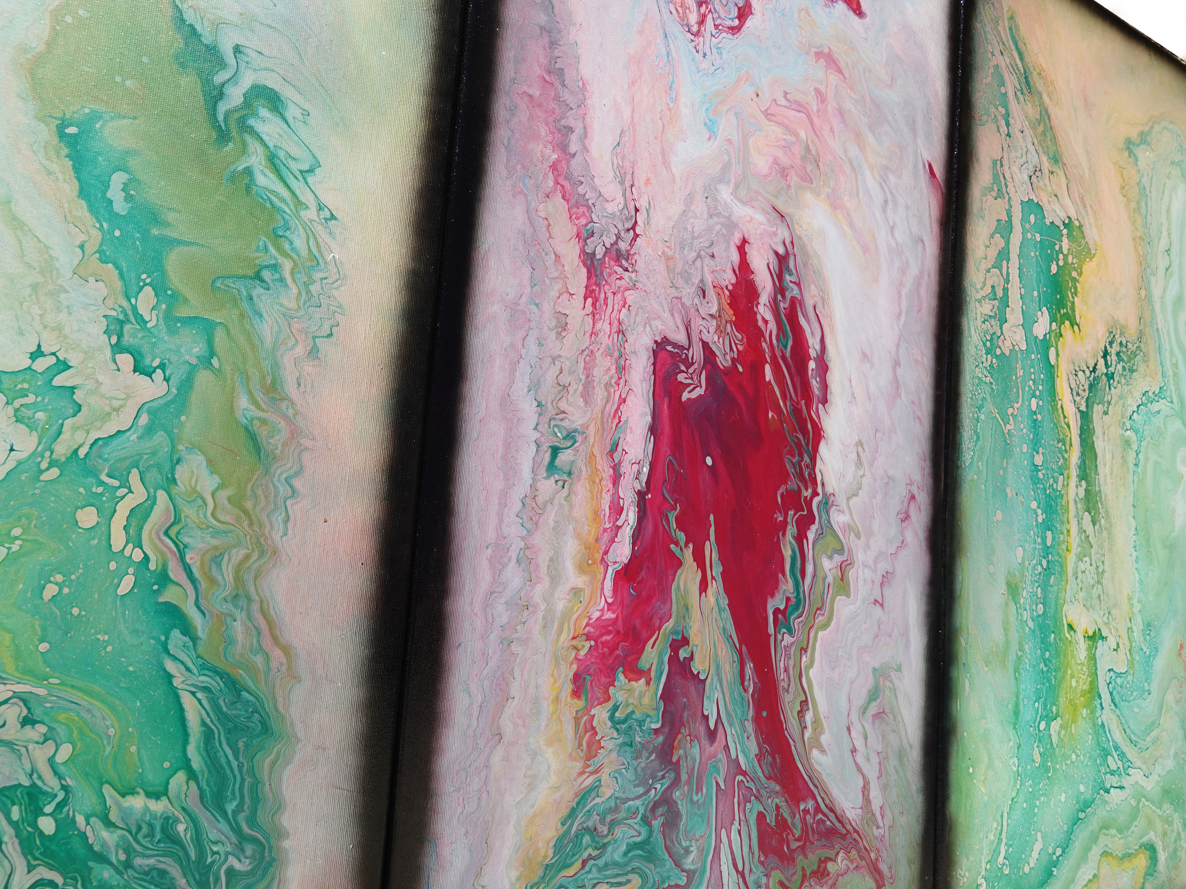 Abstract painting A1117 is a large-scale pouring green pink triptych. Original Acrylic Paintings on stretched canvas by artist Ksavera