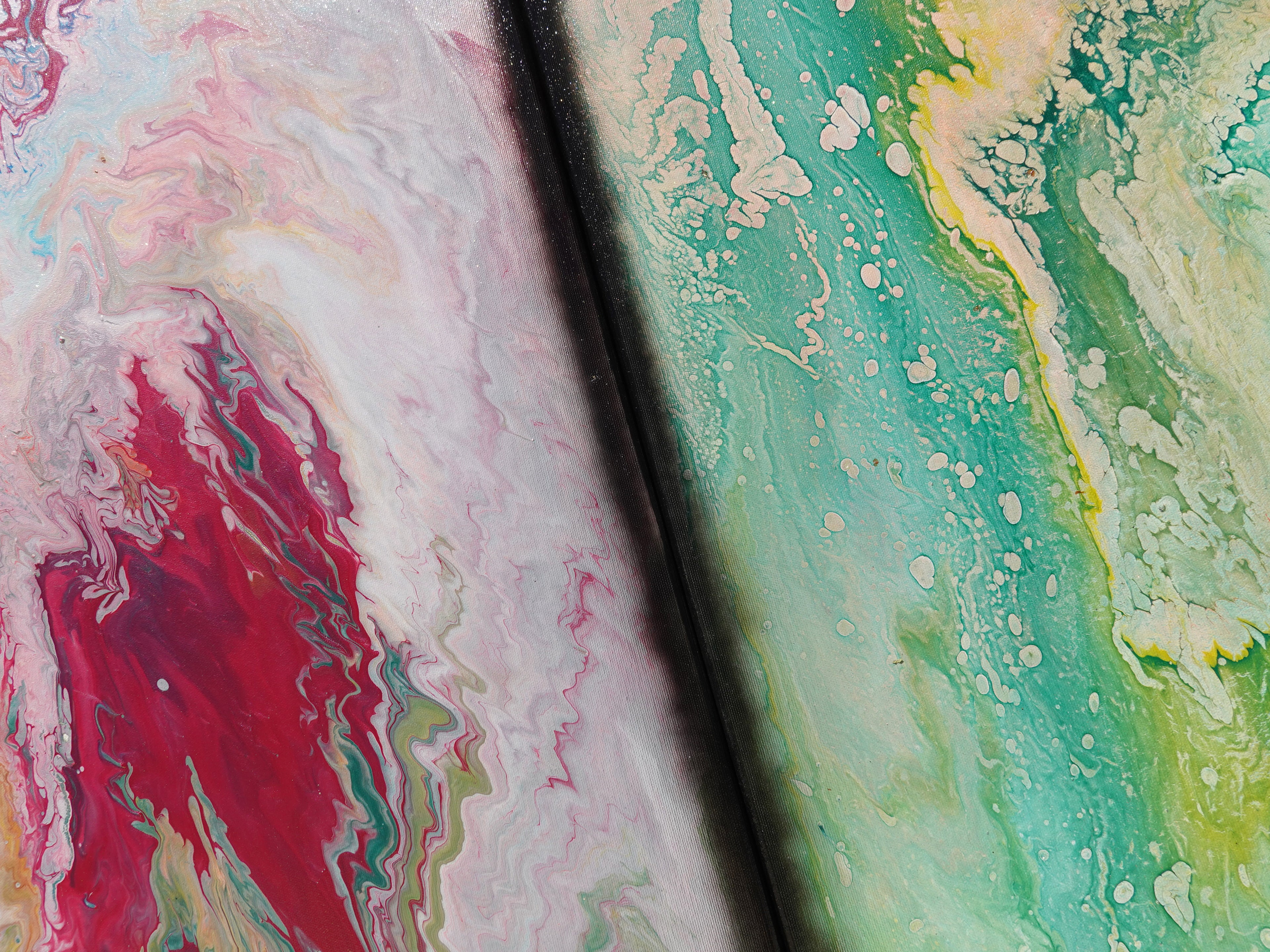 Abstract painting A1117 is a large-scale pouring green pink triptych. Original Acrylic Paintings on stretched canvas by artist Ksavera