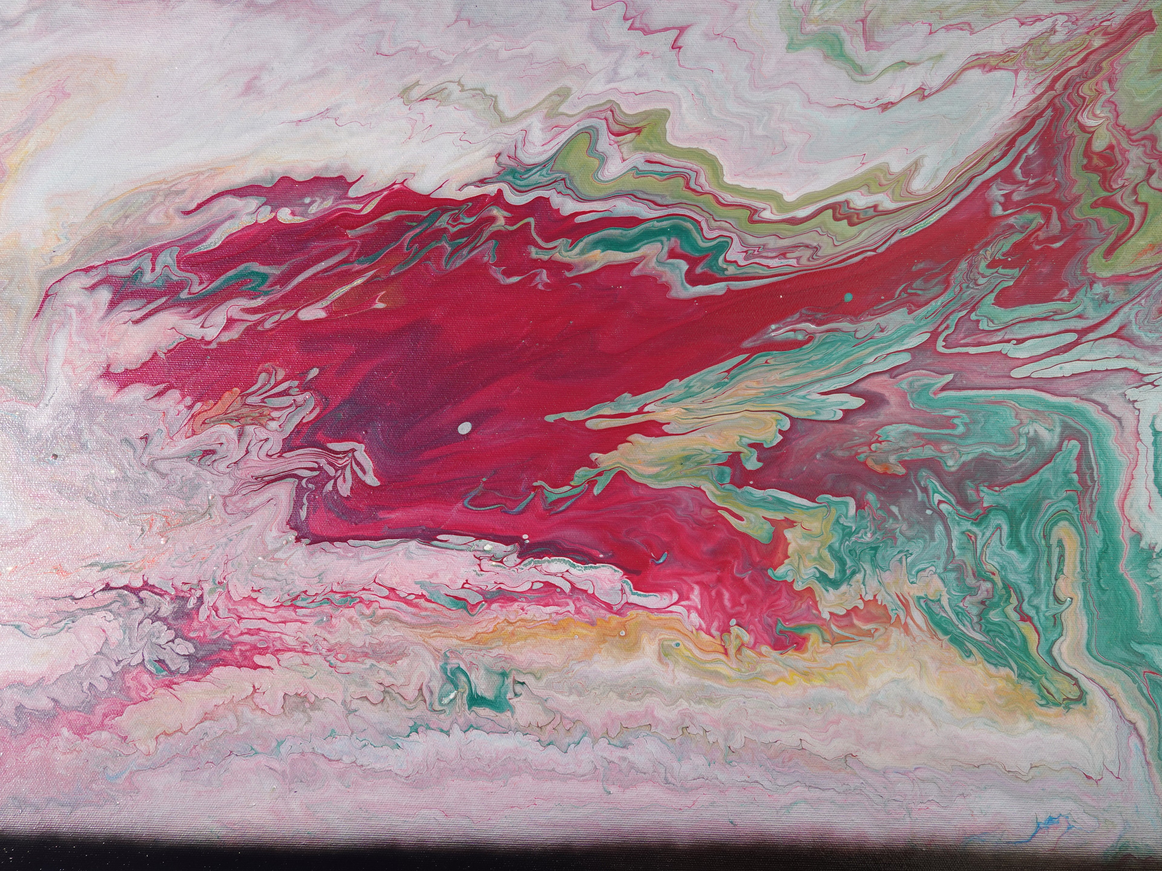 Abstract painting A1117 is a large-scale pouring green pink triptych. Original Acrylic Paintings on stretched canvas by artist Ksavera