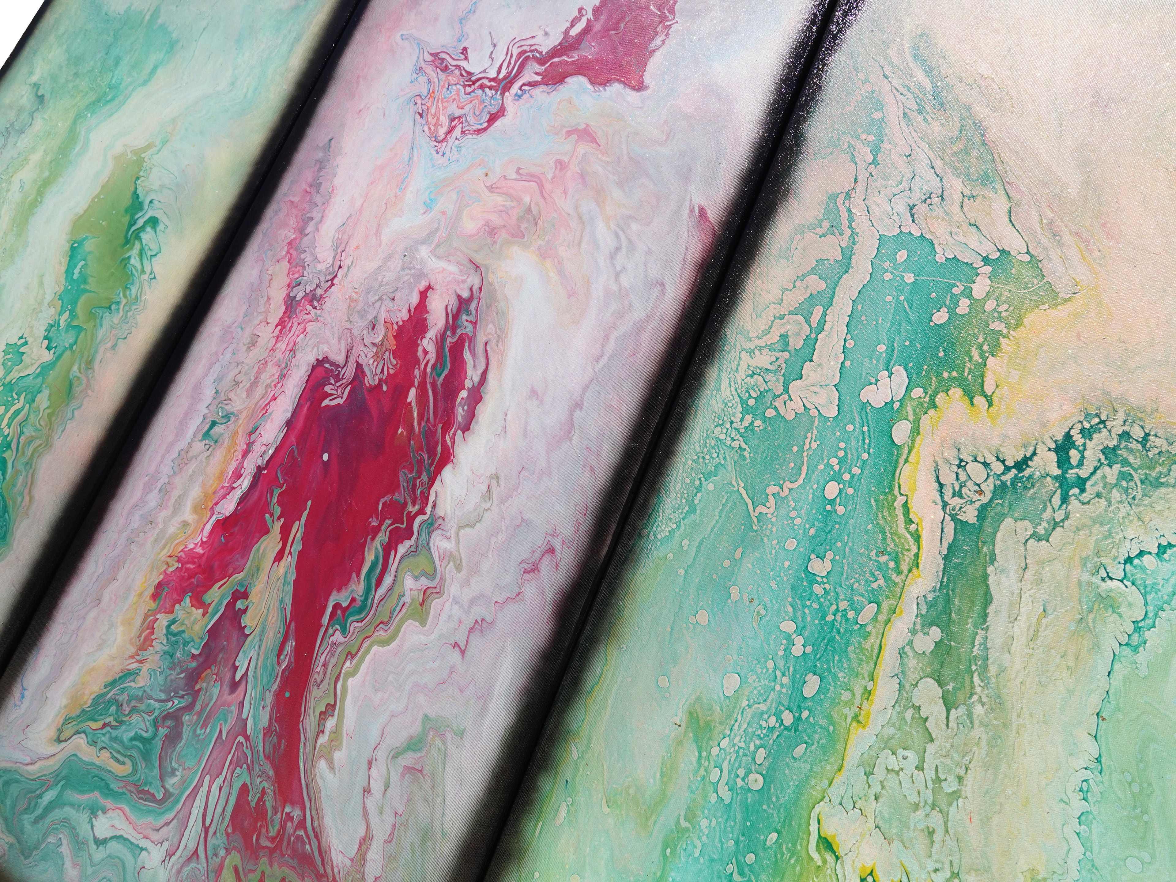 Abstract painting A1117 is a large-scale pouring green pink triptych. Original Acrylic Paintings on stretched canvas by artist Ksavera