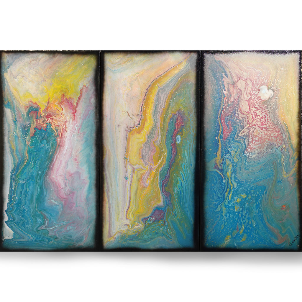 Abstract painting A1118 large pouring blue triptych by Ksavera