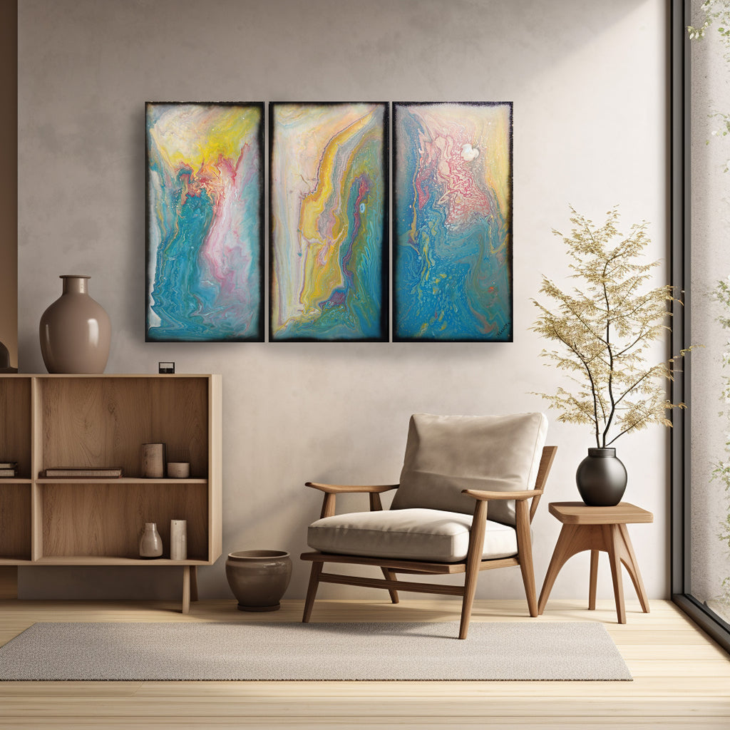 Abstract painting A1118 large pouring blue triptych by Ksavera