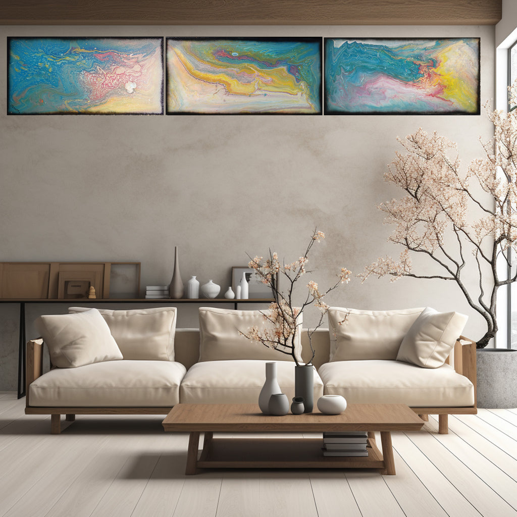 Abstract painting A1118 large pouring blue triptych by Ksavera