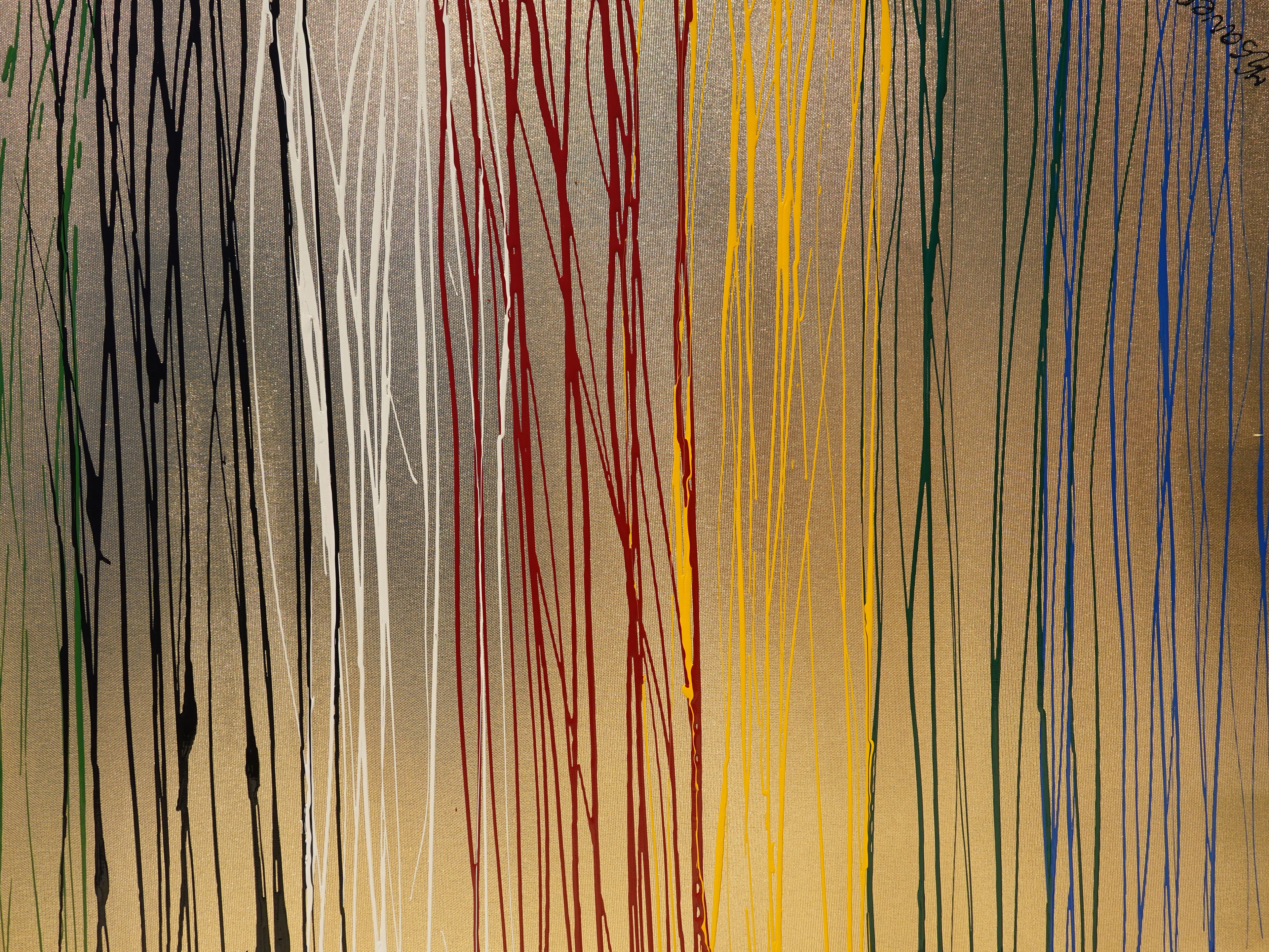 Peintures à rayures dorées « Abstrait A1124 » — Coulées de peinture - Diptyque long de Ksavera