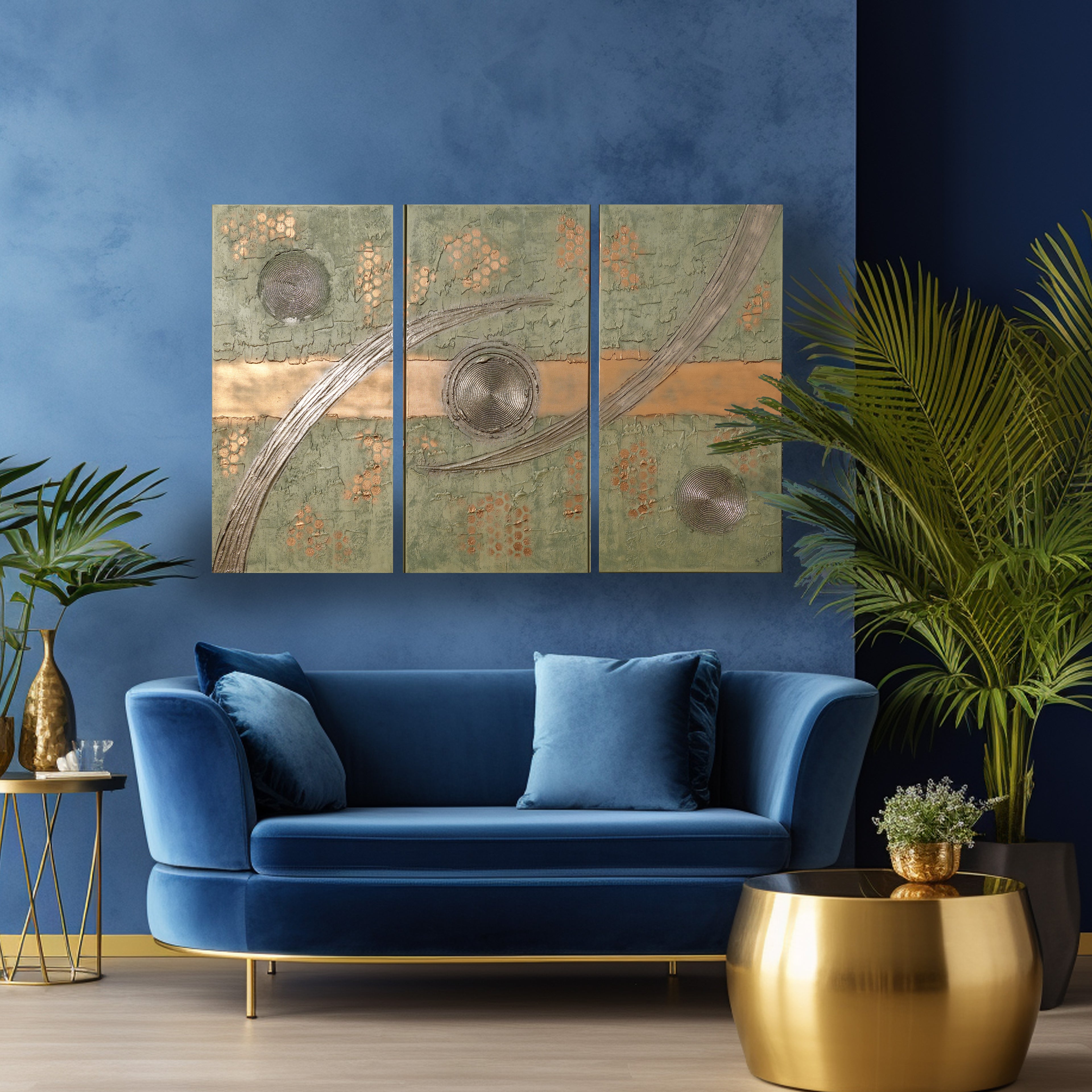 Peintures dorées « Abstrait A1220 » — Grand triptyque texturé de Ksavera