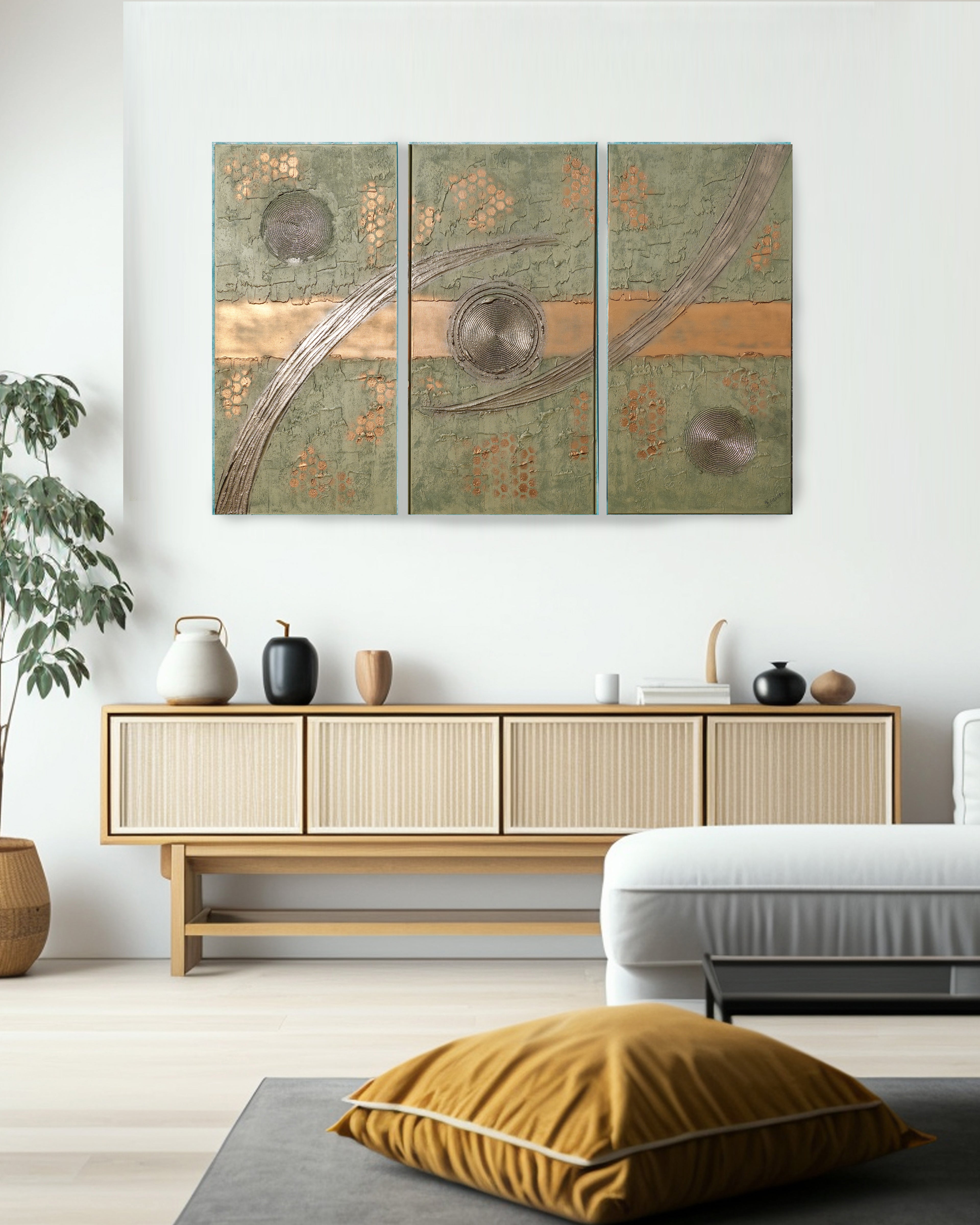 Peintures dorées « Abstrait A1220 » — Grand triptyque texturé de Ksavera