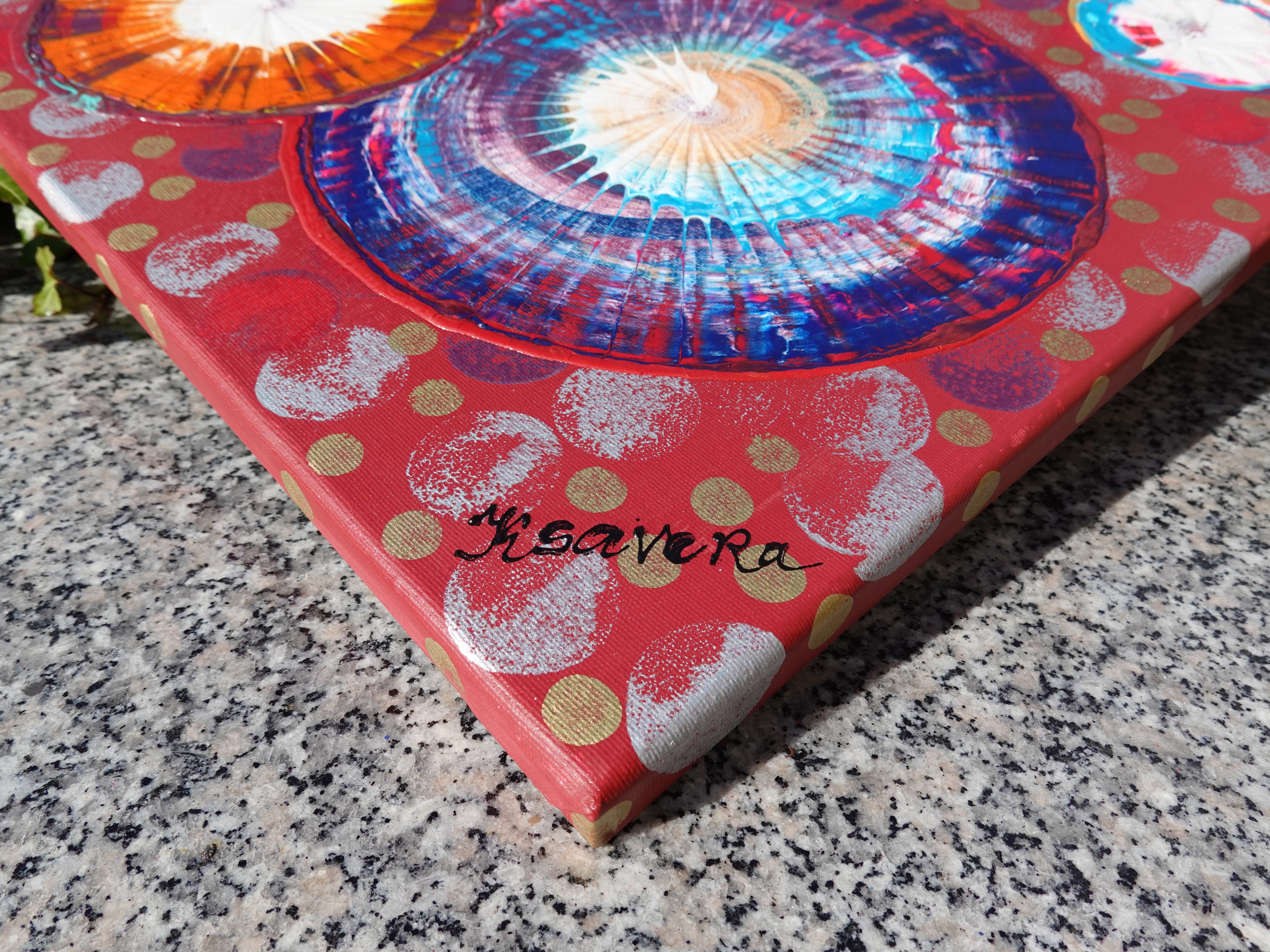 Abstract circles A1238 is a large-scale palette knife red triptych Original Acrylic Painting on stretched canvas by artist Ksavera.