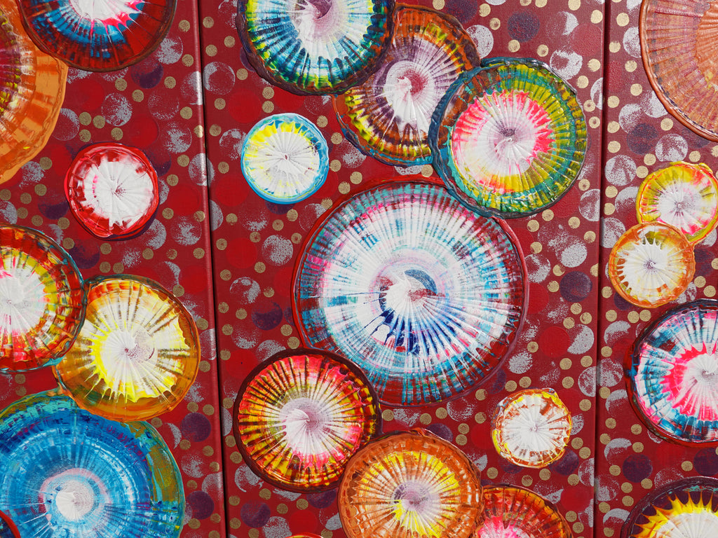 Abstract circles A1238 is a large-scale palette knife red triptych Original Acrylic Painting on stretched canvas by artist Ksavera.