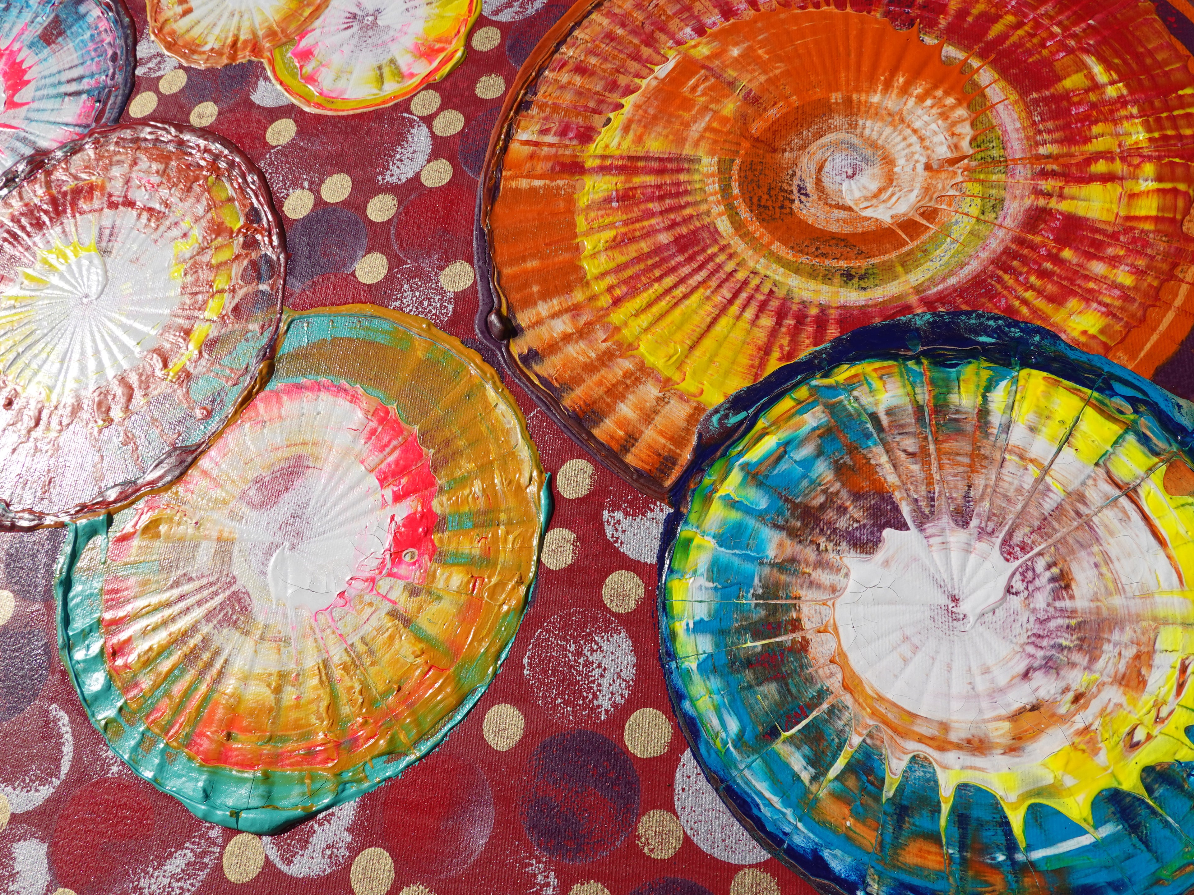 Abstract circles A1238 is a large-scale palette knife red triptych Original Acrylic Painting on stretched canvas by artist Ksavera.