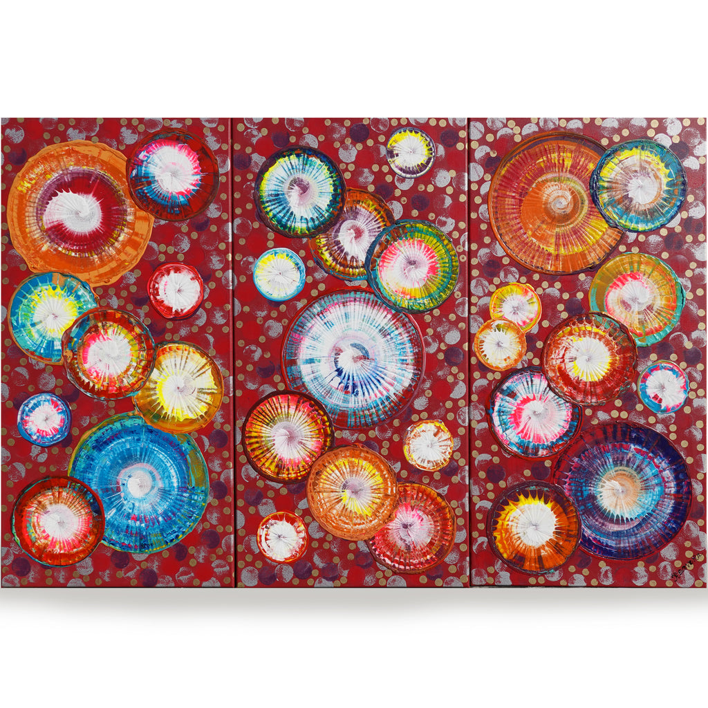 Abstract circles A1238 is a large-scale palette knife red triptych Original Acrylic Painting on stretched canvas by artist Ksavera.