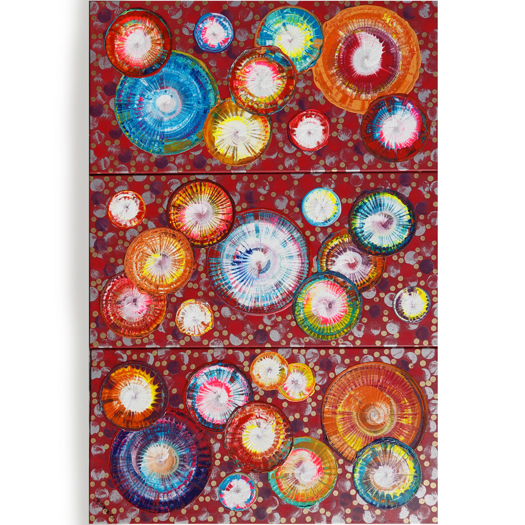 Abstract circles A1238 is a large-scale palette knife red triptych Original Acrylic Painting on stretched canvas by artist Ksavera.