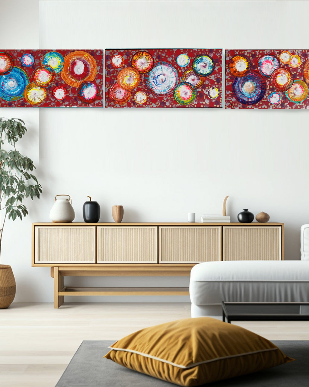 Abstract circles A1238 is a large-scale palette knife red triptych Original Acrylic Painting on stretched canvas by artist Ksavera.