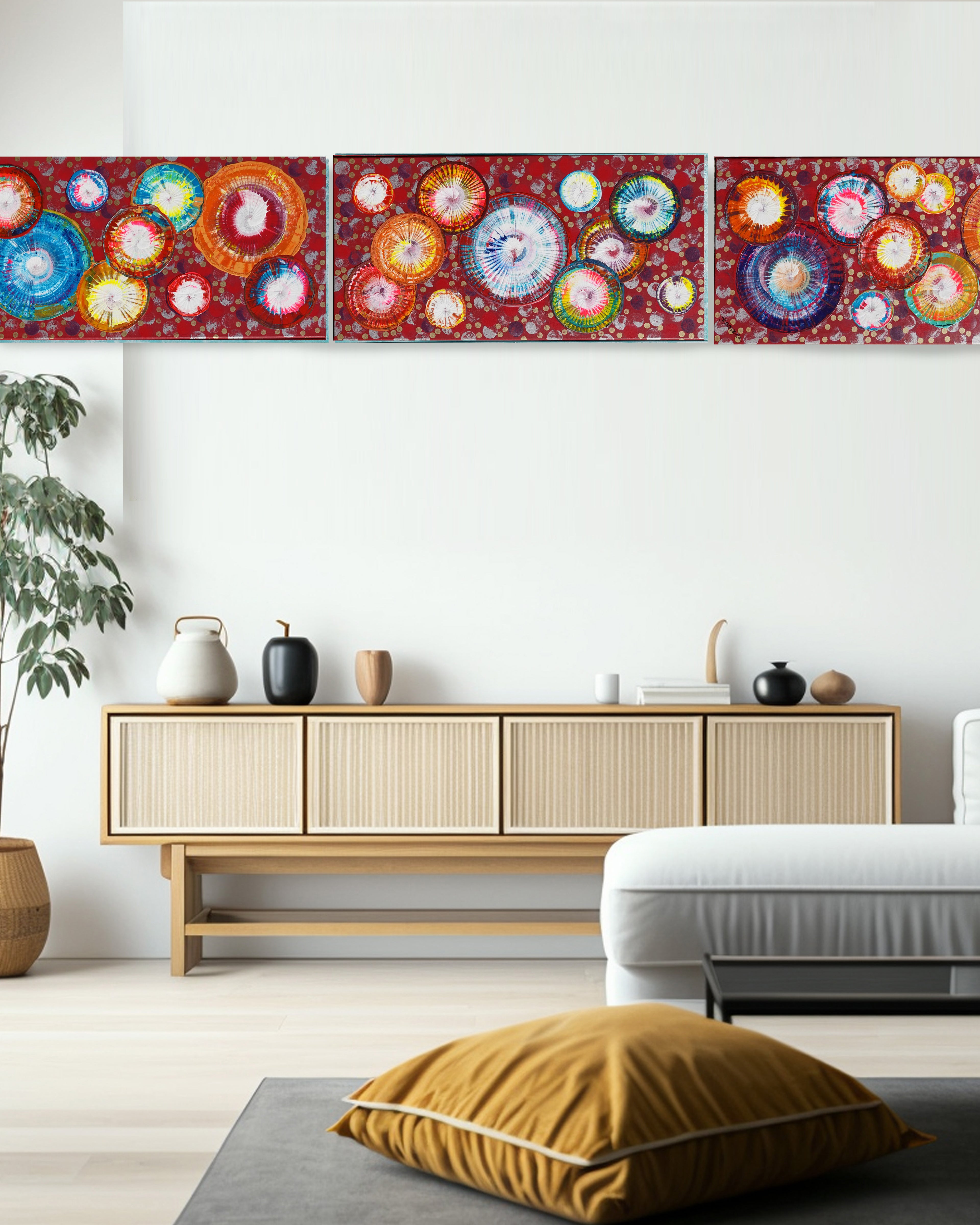Abstract circles A1238 is a large-scale palette knife red triptych Original Acrylic Painting on stretched canvas by artist Ksavera.