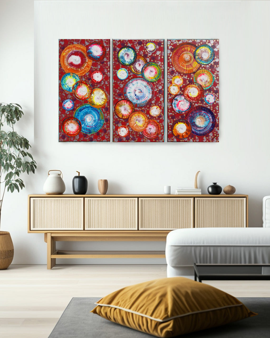 Abstract circles A1238 is a large-scale palette knife red triptych Original Acrylic Painting on stretched canvas by artist Ksavera.
