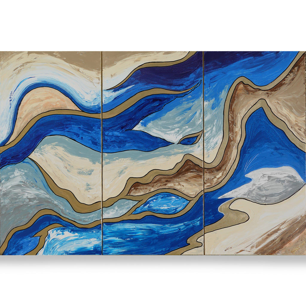 Gold blue Paintings “Abstract A793” - Large abstract Triptych by Ksavera