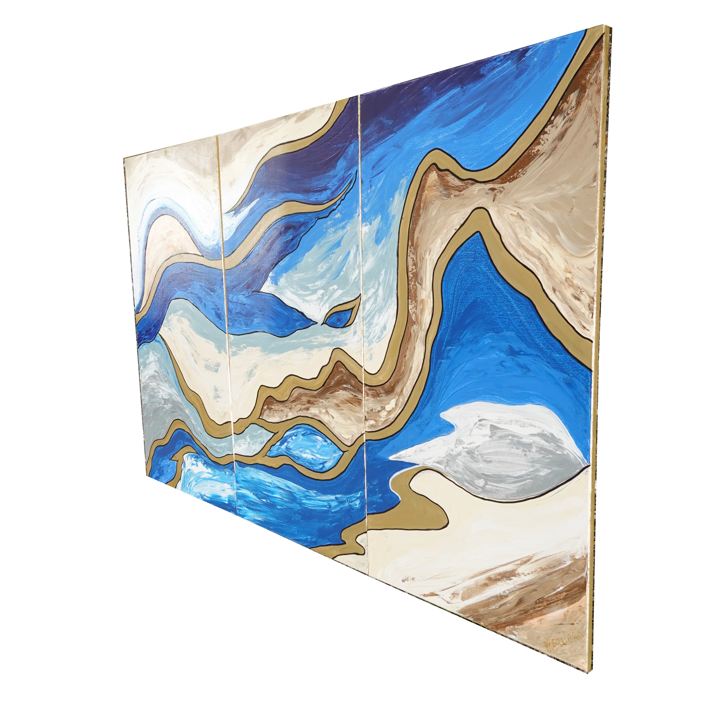 Gold blue Paintings “Abstract A793” - Large abstract Triptych by Ksavera