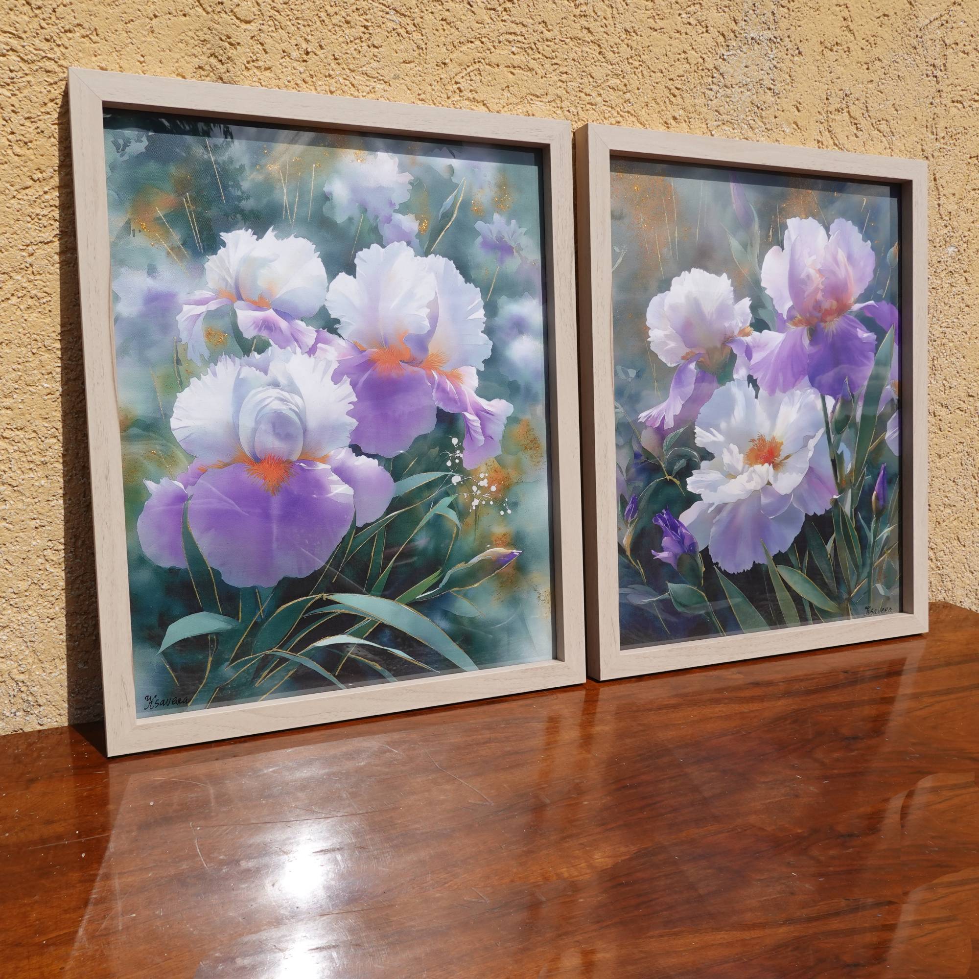 Irises B103 - Fine Art Framed Hand-finished print on canvas - Diptych by Artist Ksavera