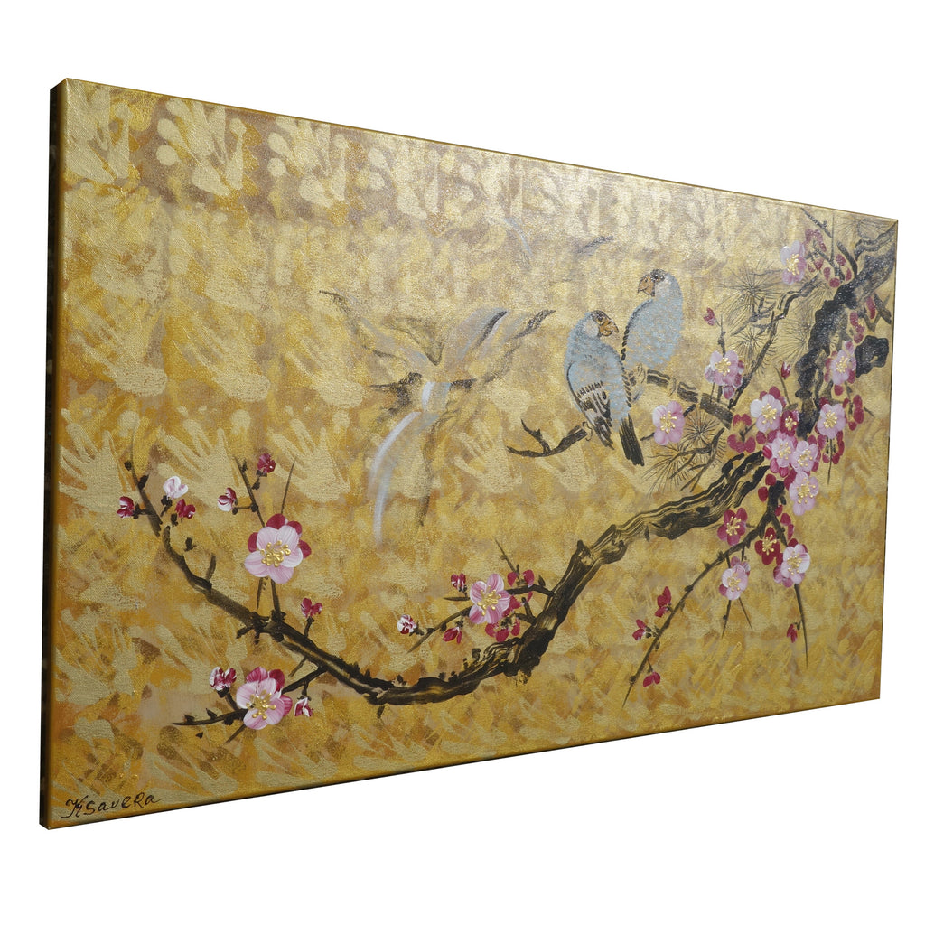 Fleurs de cerisier et tourtereaux J165 est une grande peinture zen japonaise dorée - Peinture acrylique originale sur toile non tendue de l'artiste Ksavera