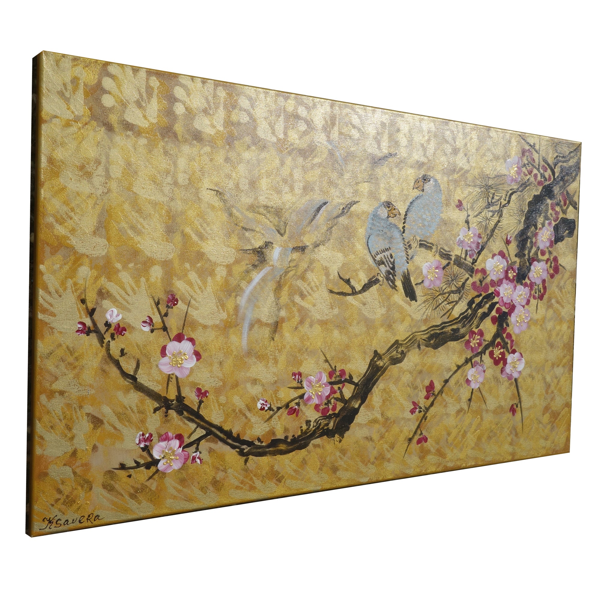 Fleurs de cerisier et tourtereaux J165 est une grande peinture zen japonaise dorée - Peinture acrylique originale sur toile non tendue de l'artiste Ksavera