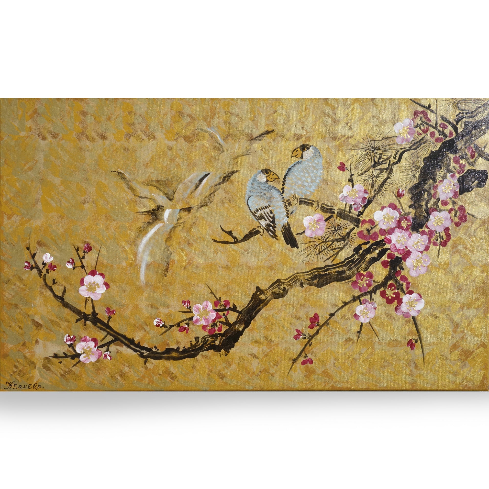 Fleurs de cerisier et tourtereaux J165 est une grande peinture zen japonaise dorée - Peinture acrylique originale sur toile non tendue de l'artiste Ksavera