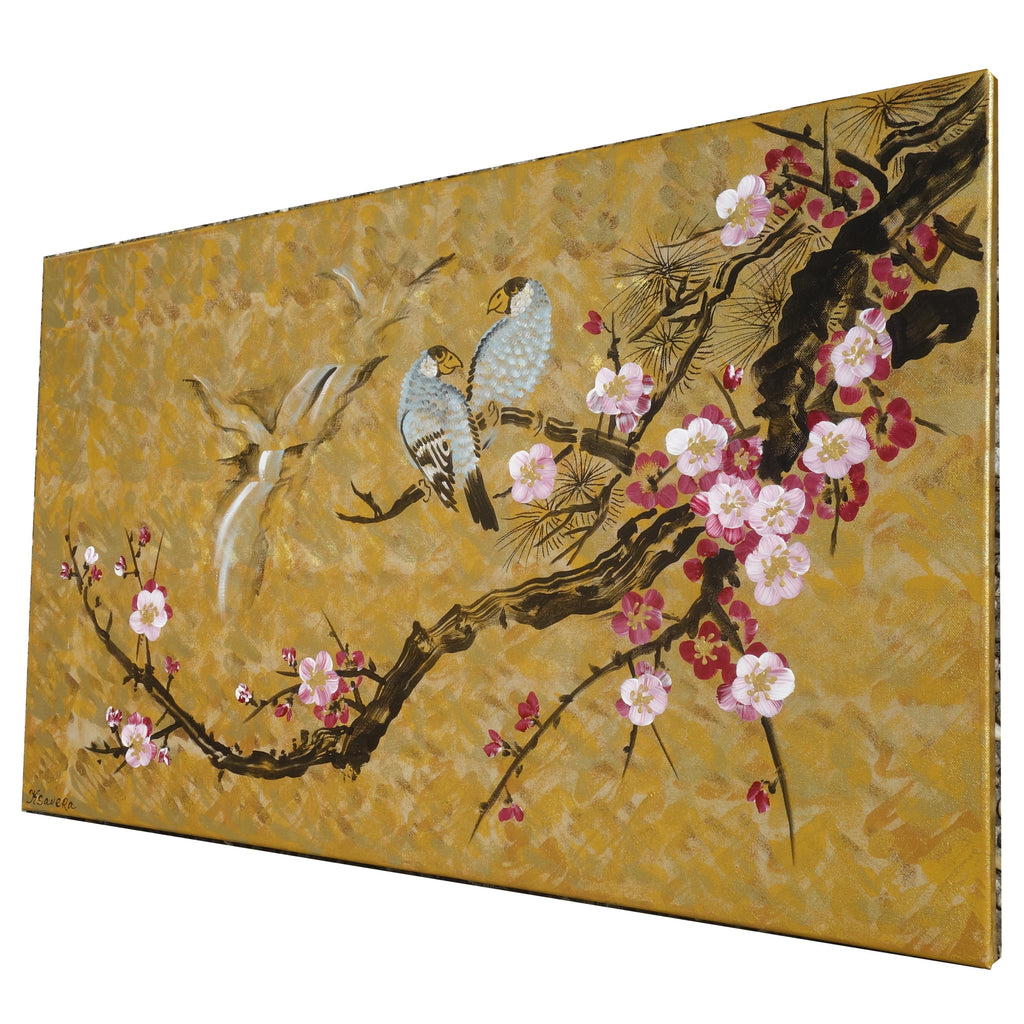 Fleurs de cerisier et tourtereaux J165 est une grande peinture zen japonaise dorée - Peinture acrylique originale sur toile non tendue de l'artiste Ksavera