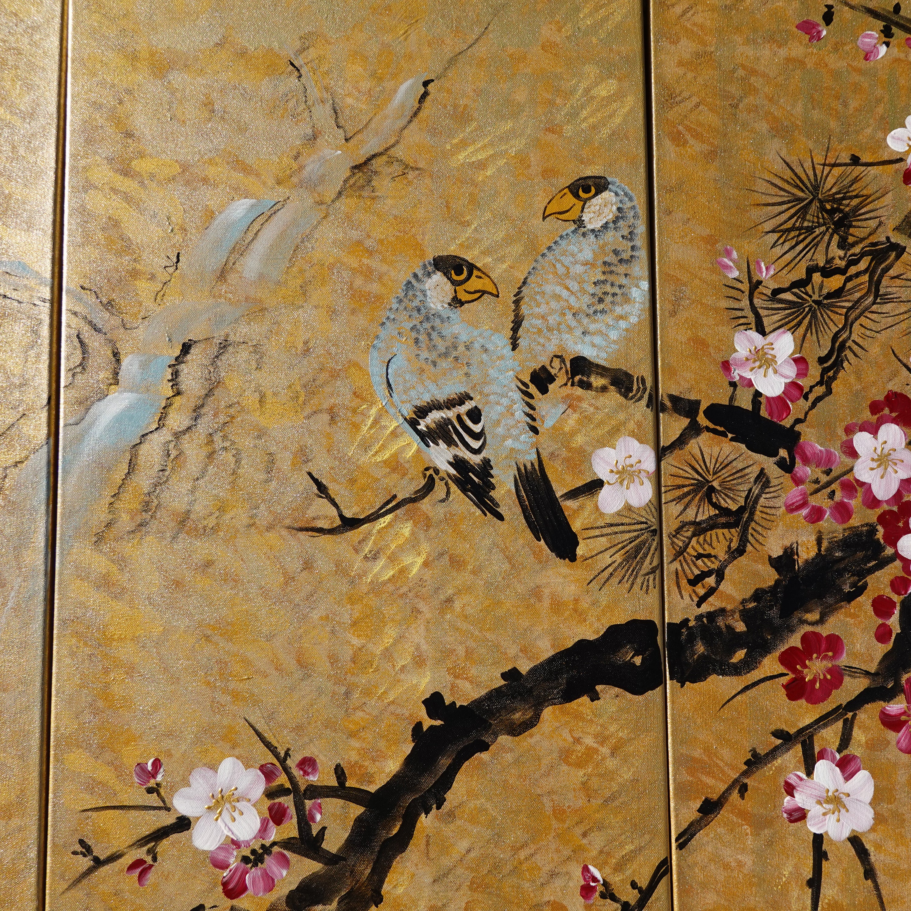 Love Birds J166 large Japanese gold triptych - original paintings by Ksavera