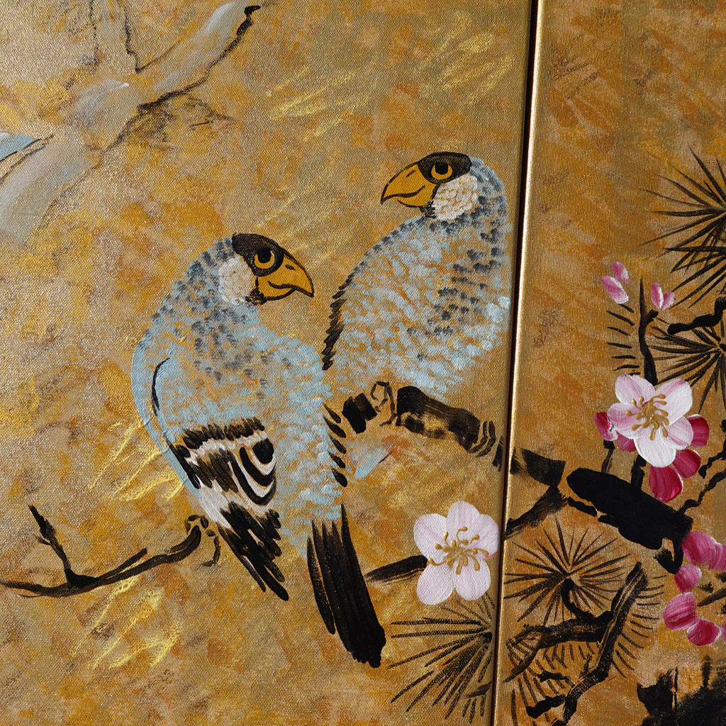 Love Birds J166 large Japanese gold triptych - original paintings by Ksavera