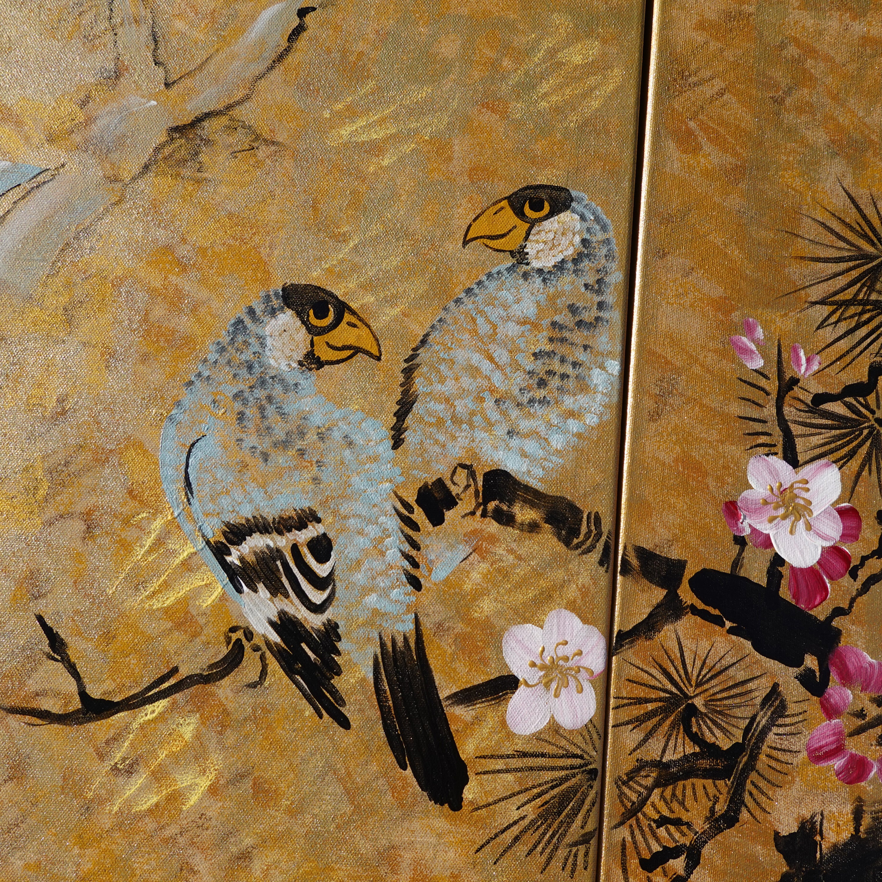 Love Birds J166 large Japanese gold triptych - original paintings by Ksavera