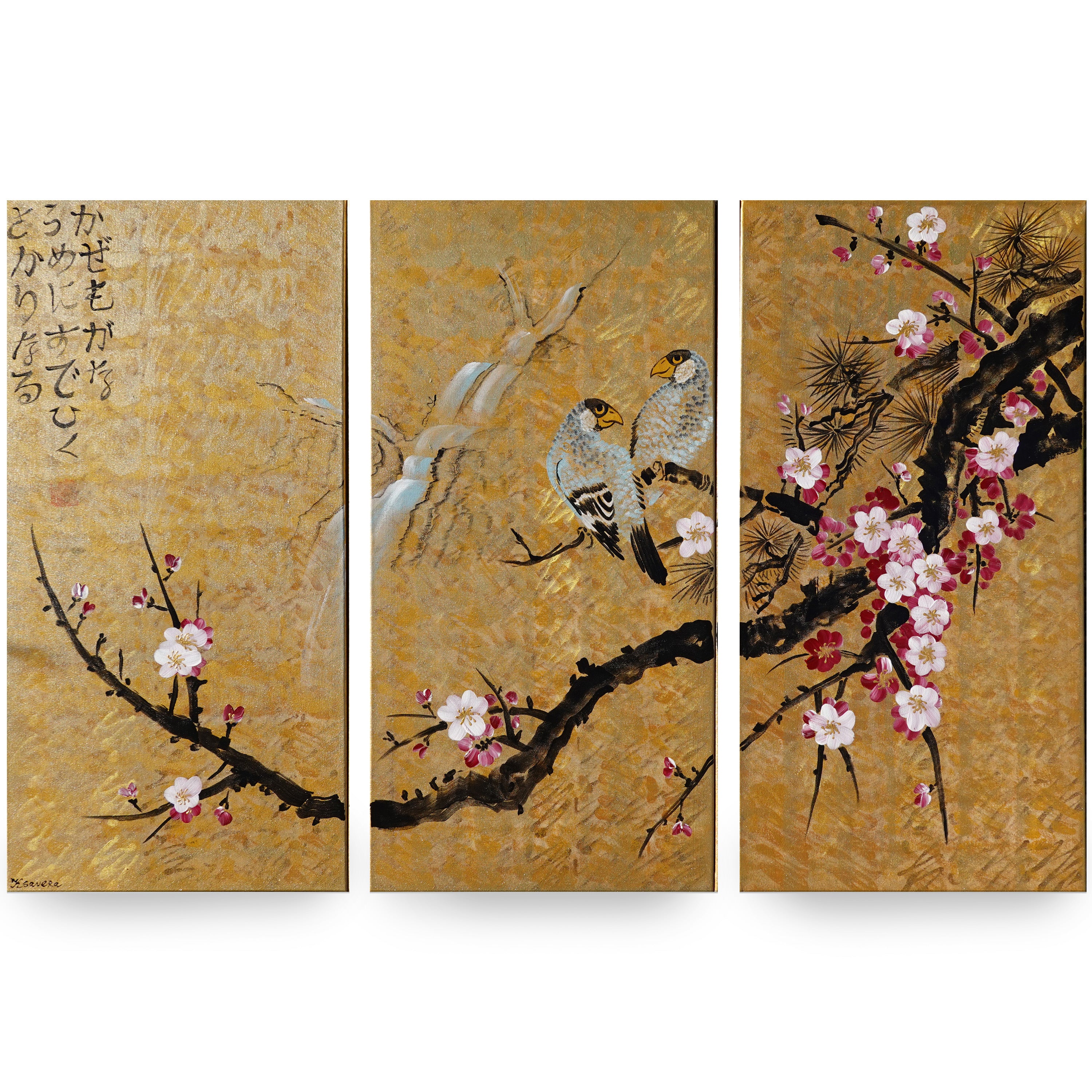 Love Birds J166 large Japanese gold triptych - original paintings by Ksavera