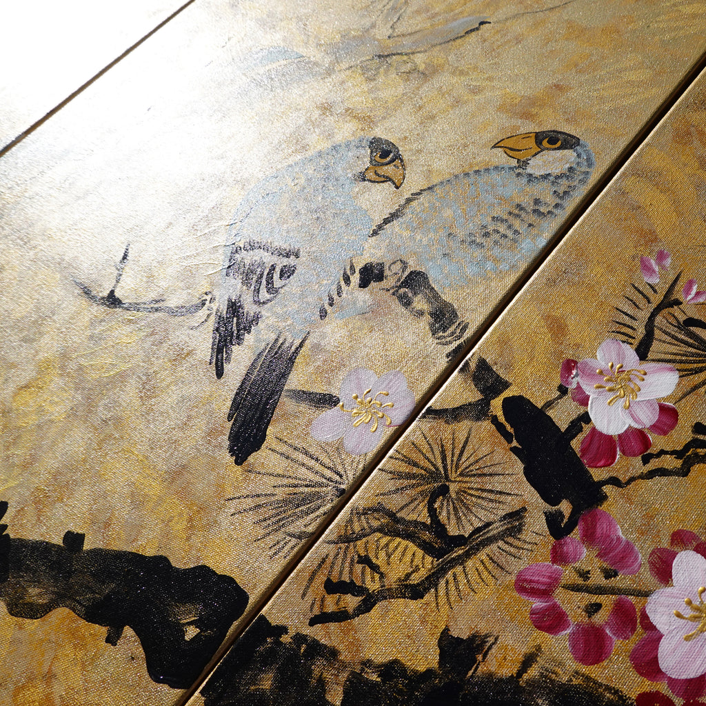 Love Birds J166 large Japanese gold triptych - original paintings by Ksavera