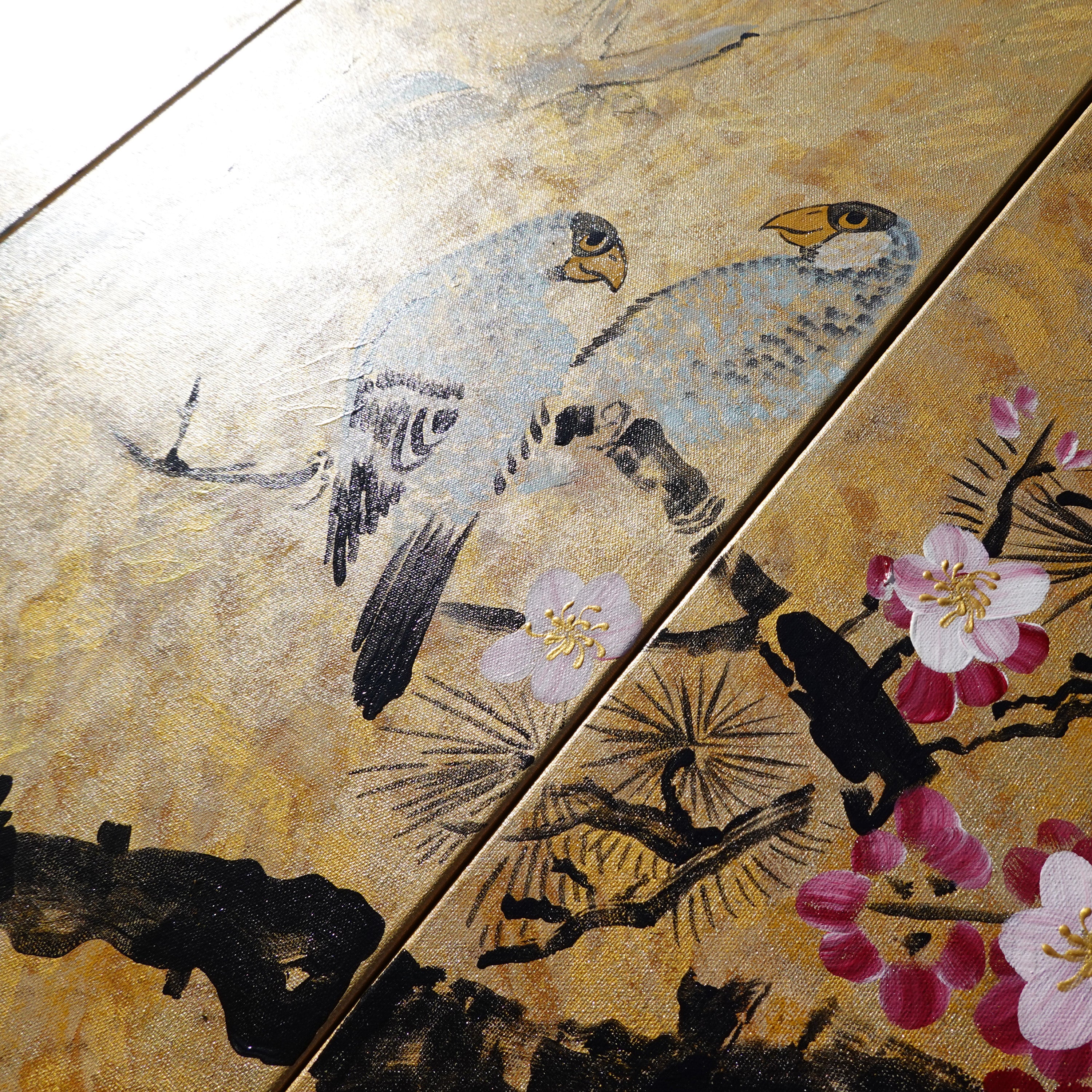Love Birds J166 large Japanese gold triptych - original paintings by Ksavera