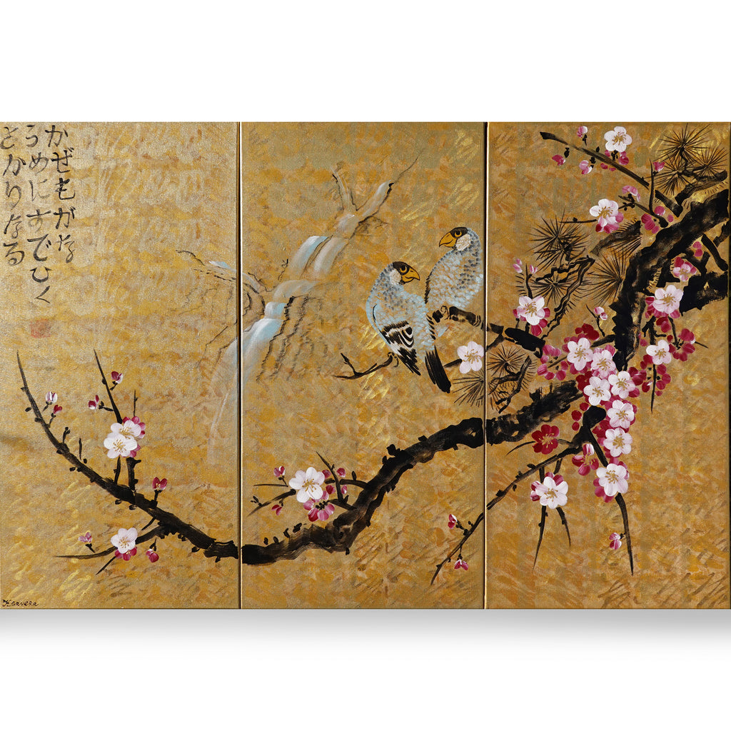 Love Birds J166 large Japanese gold triptych - original paintings by Ksavera
