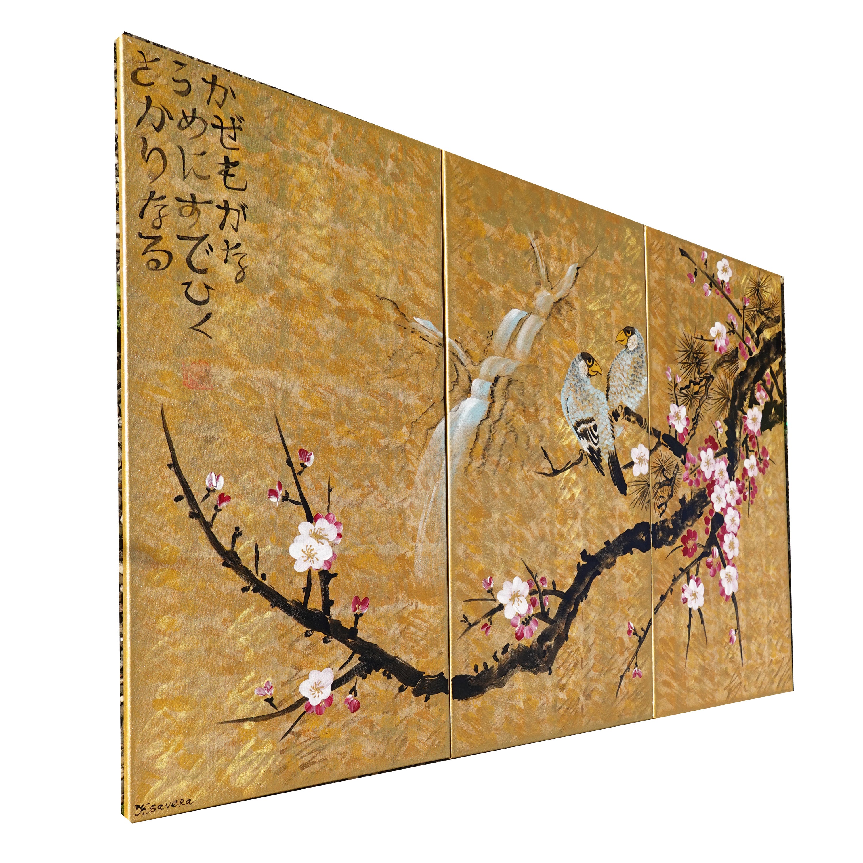 Love Birds J166 large Japanese gold triptych - original paintings by Ksavera