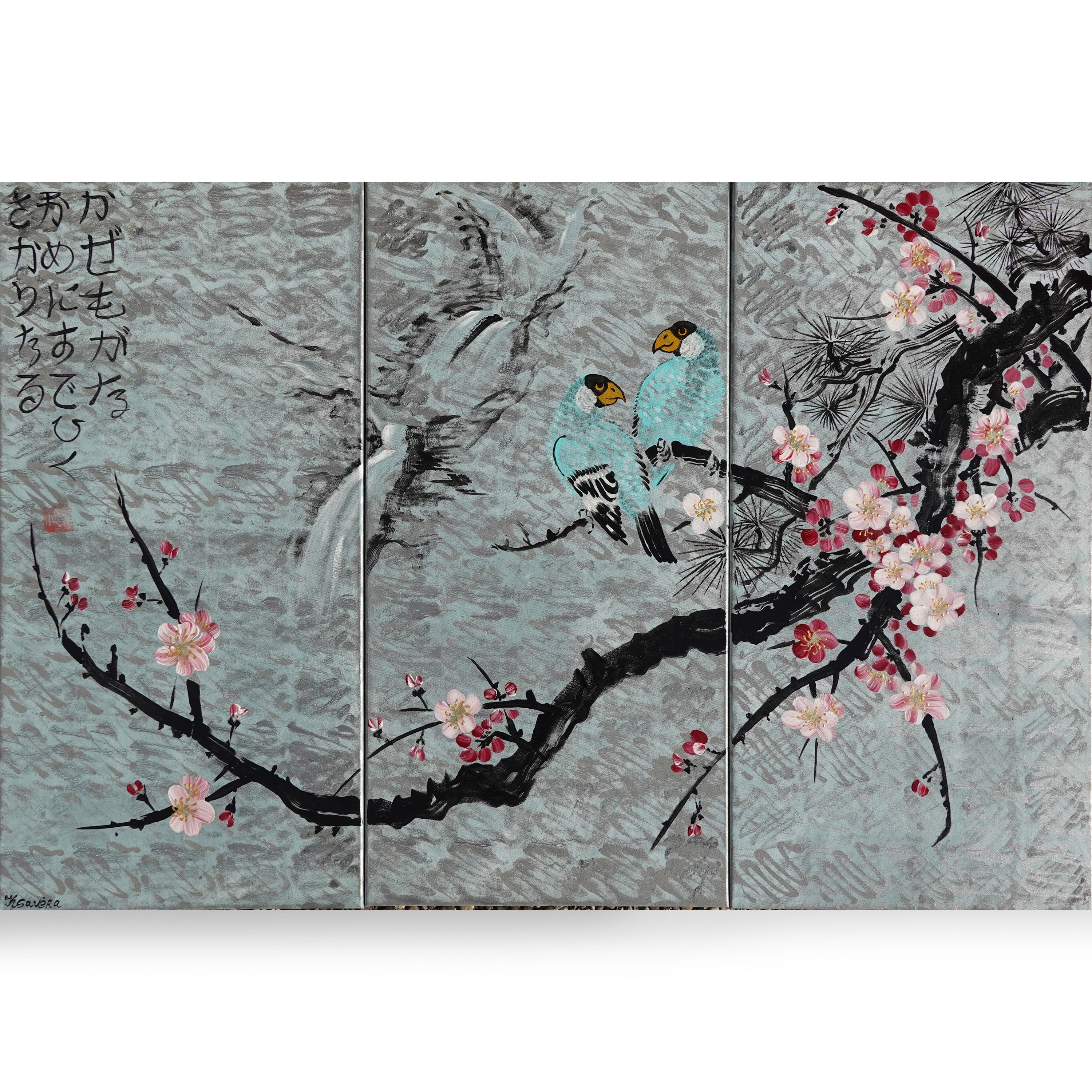 Love Birds J168 large Japanese silver triptych - original paintings by Ksavera