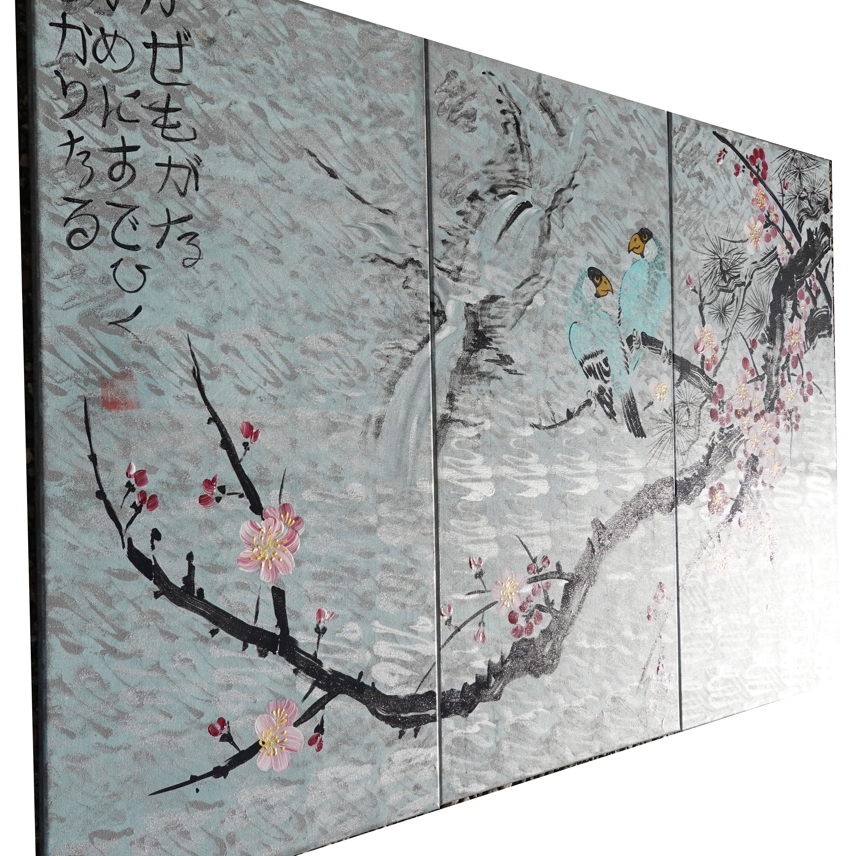 Love Birds J168 large Japanese silver triptych - original paintings by Ksavera