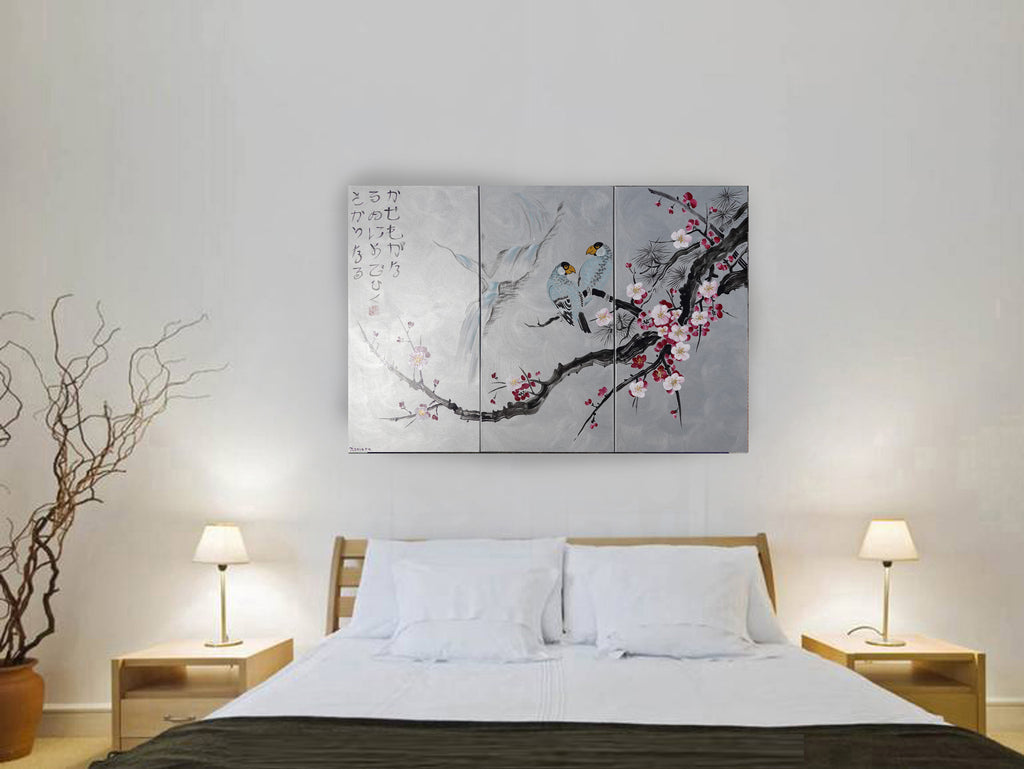 Sakura and Love Birds J186 is a large-scale Japanese-inspired silver triptych - Original Acrylic Painting on stretched canvas by artist Ksavera.