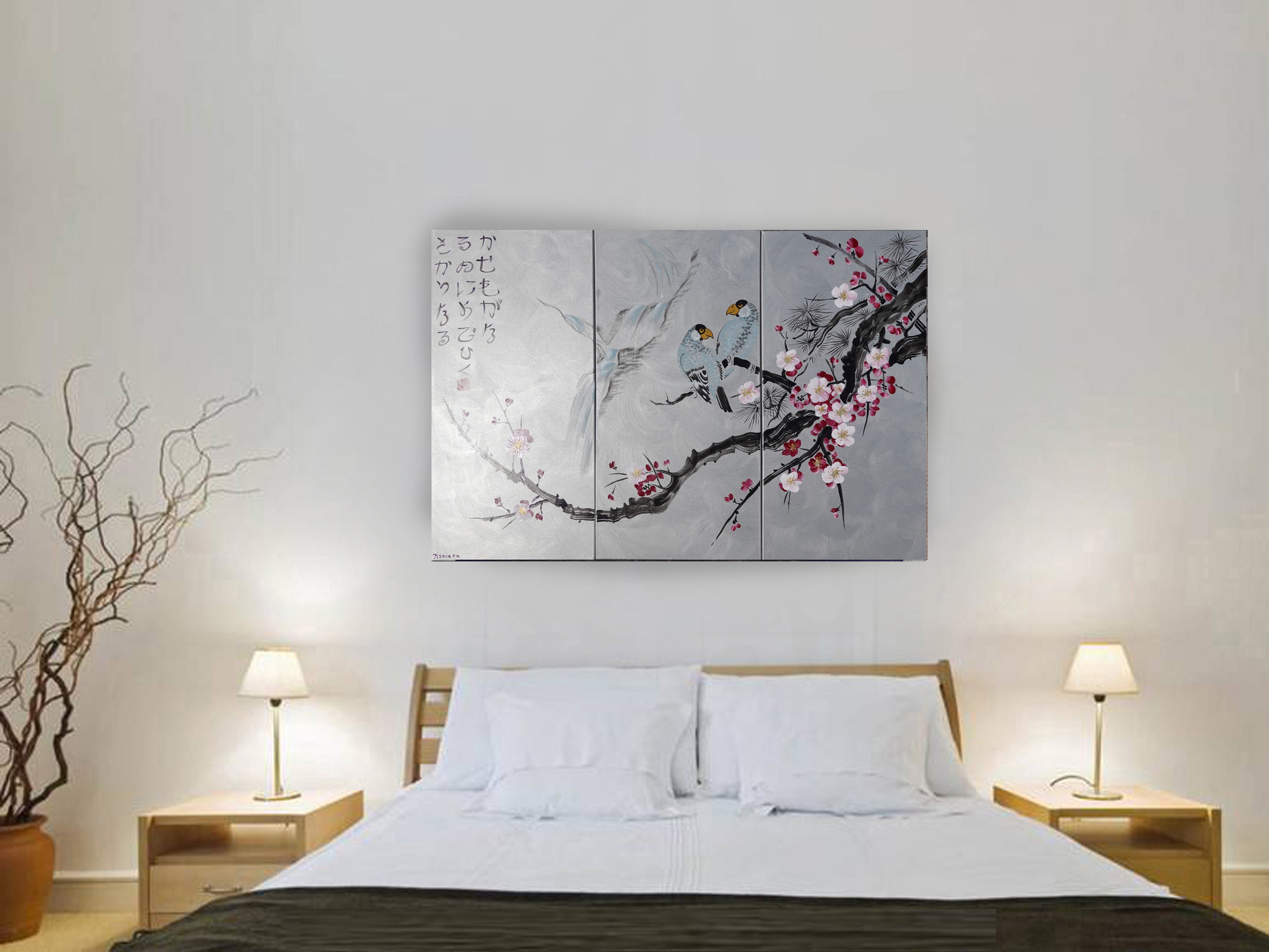 Sakura and Love Birds J186 is a large-scale Japanese-inspired silver triptych - Original Acrylic Painting on stretched canvas by artist Ksavera.
