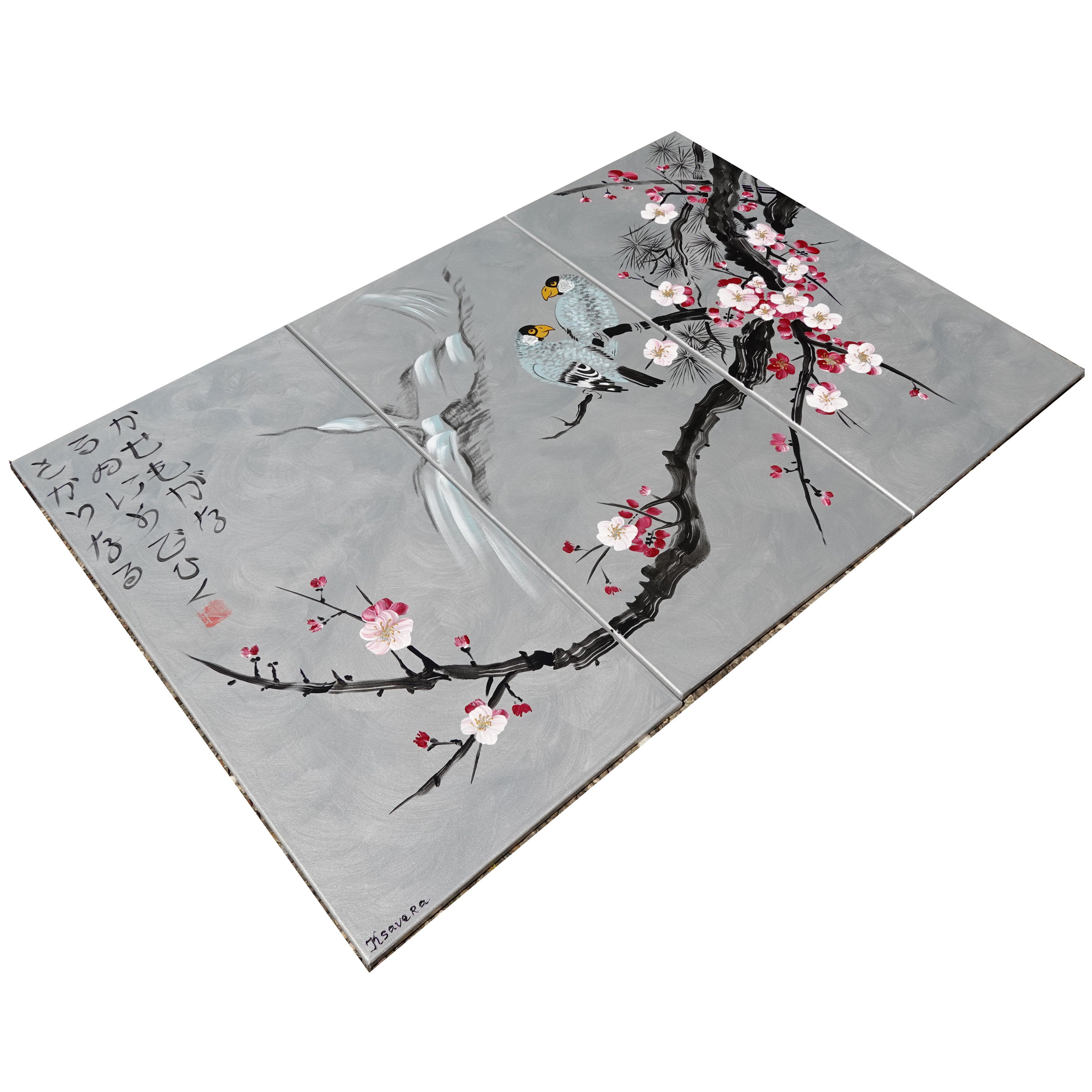 Sakura and Love Birds J186 is a large-scale Japanese-inspired silver triptych - Original Acrylic Painting on stretched canvas by artist Ksavera.