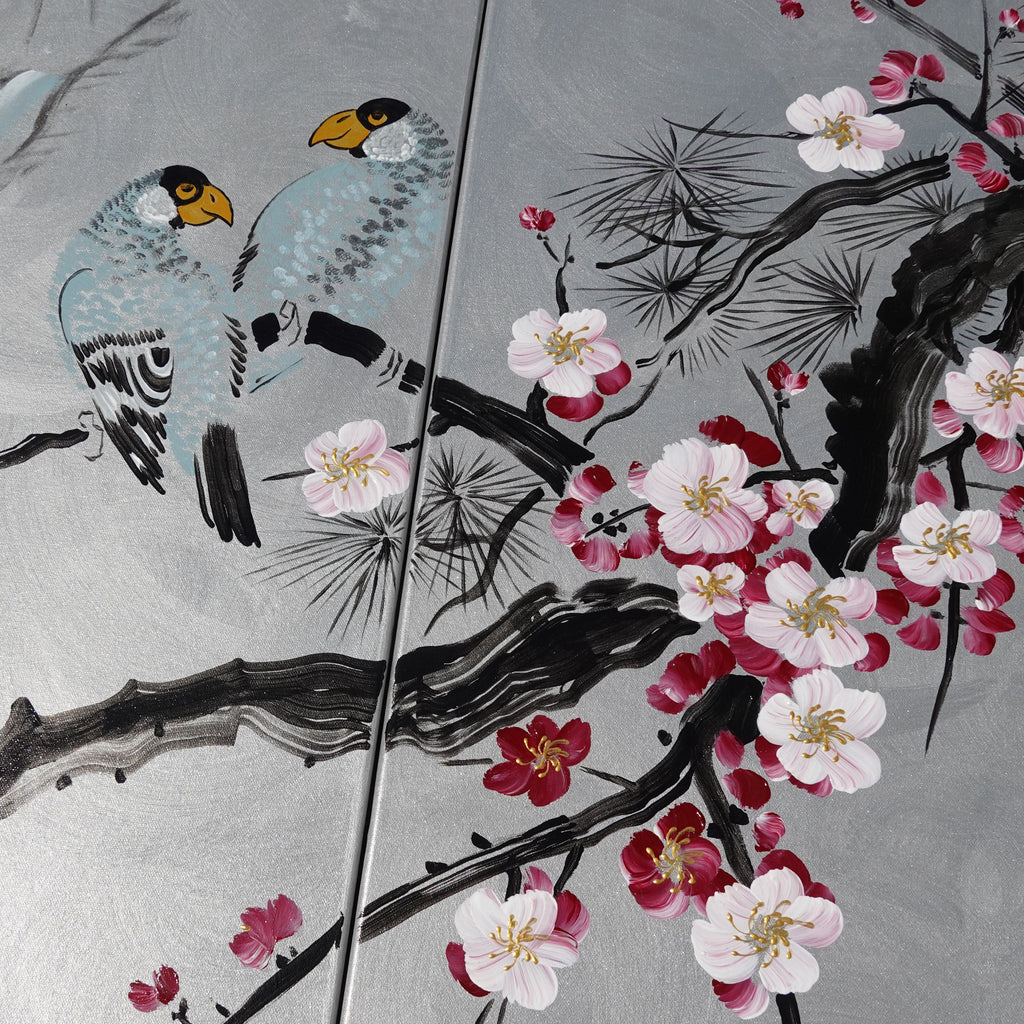 Sakura and Love Birds J186 is a large-scale Japanese-inspired silver triptych - Original Acrylic Painting on stretched canvas by artist Ksavera.