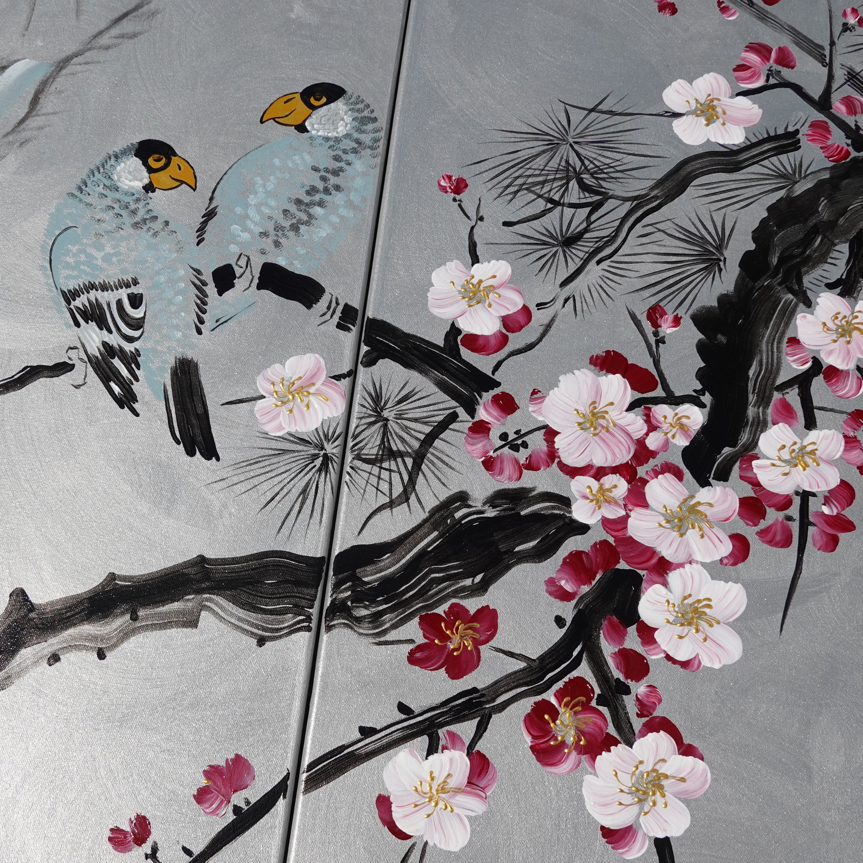 Sakura and Love Birds J186 is a large-scale Japanese-inspired silver triptych - Original Acrylic Painting on stretched canvas by artist Ksavera.