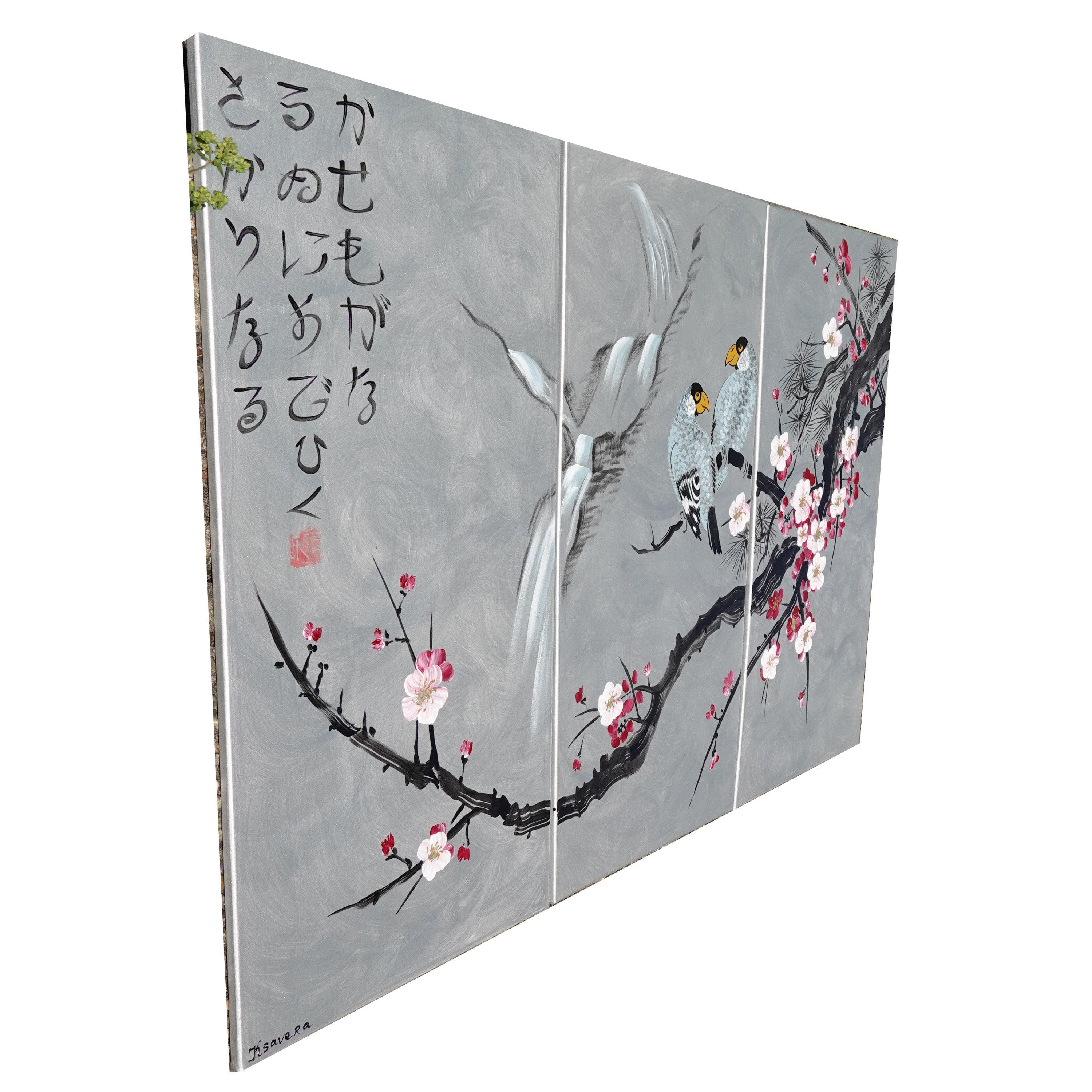 Sakura and Love Birds J186 is a large-scale Japanese-inspired silver triptych - Original Acrylic Painting on stretched canvas by artist Ksavera.
