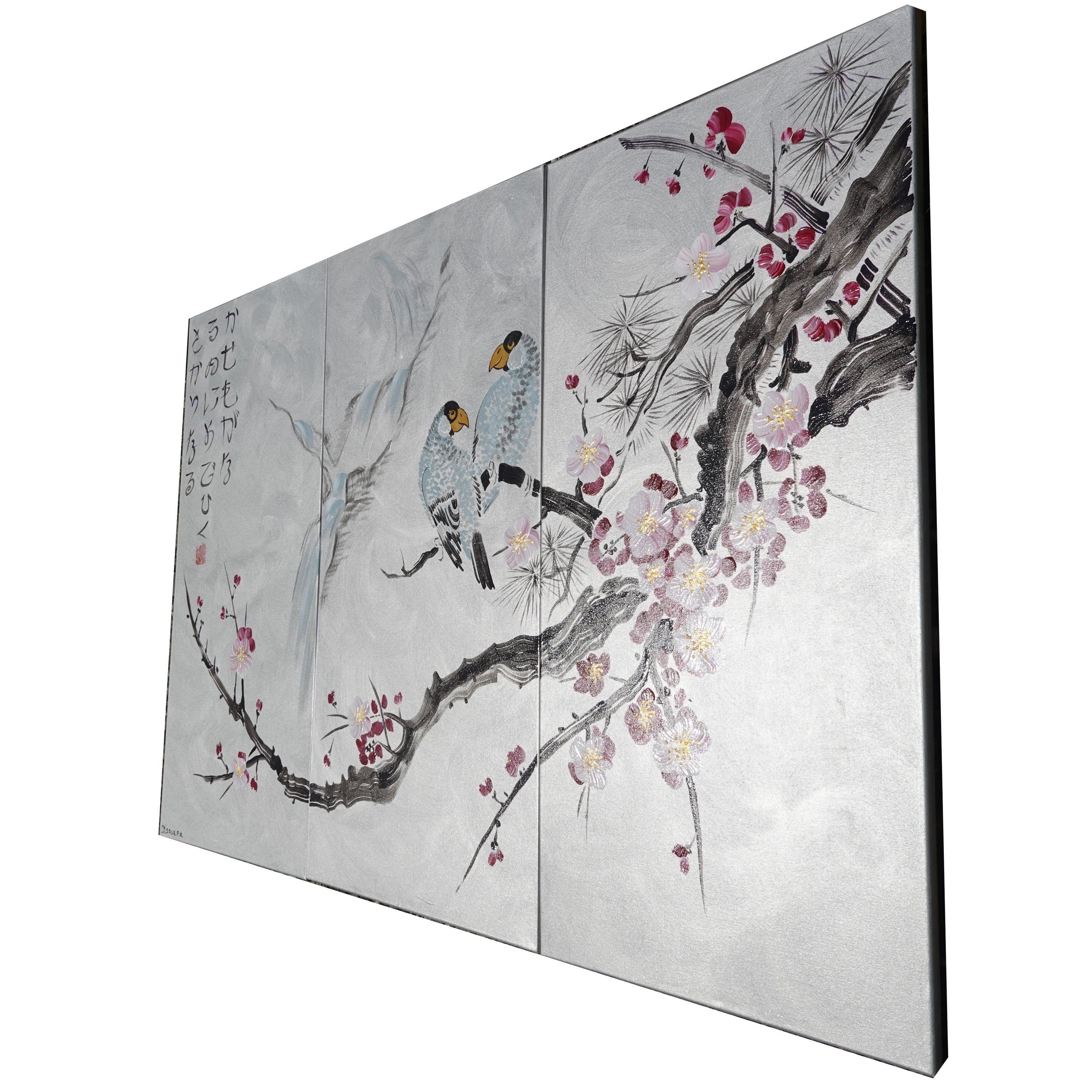 Sakura and Love Birds J186 is a large-scale Japanese-inspired silver triptych - Original Acrylic Painting on stretched canvas by artist Ksavera.