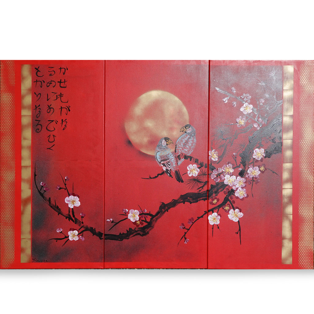 Sakura and love birds J187 is a large-scale Japanese-inspired red gold triptych - Original Acrylic Painting on stretched canvas by artist Ksavera