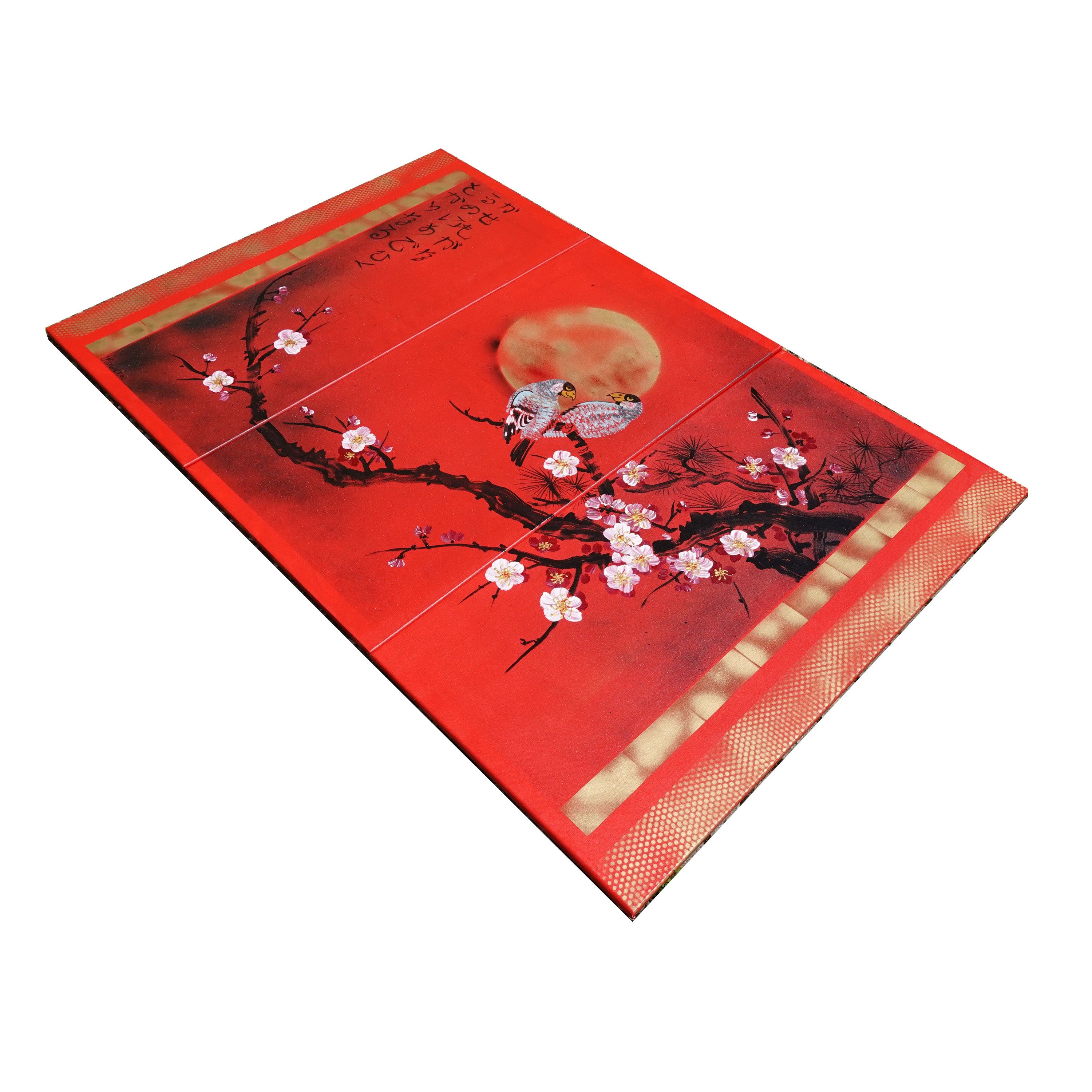 Sakura and love birds J187 is a large-scale Japanese-inspired red gold triptych - Original Acrylic Painting on stretched canvas by artist Ksavera