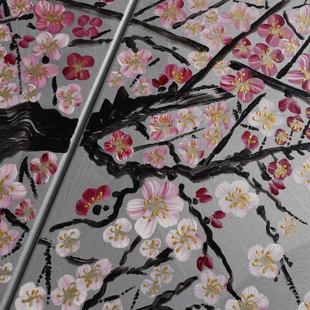 Japanese sakura J216 - large silver triptych - original paintings by Ksavera