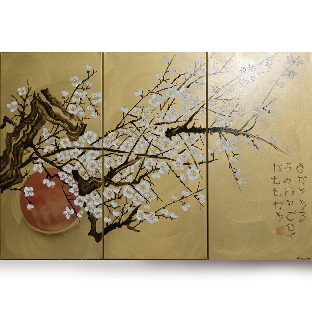 White Sakura J226 est un triptyque en or de grande taille, d'inspiration japonaise, réalisé par Ksavera.