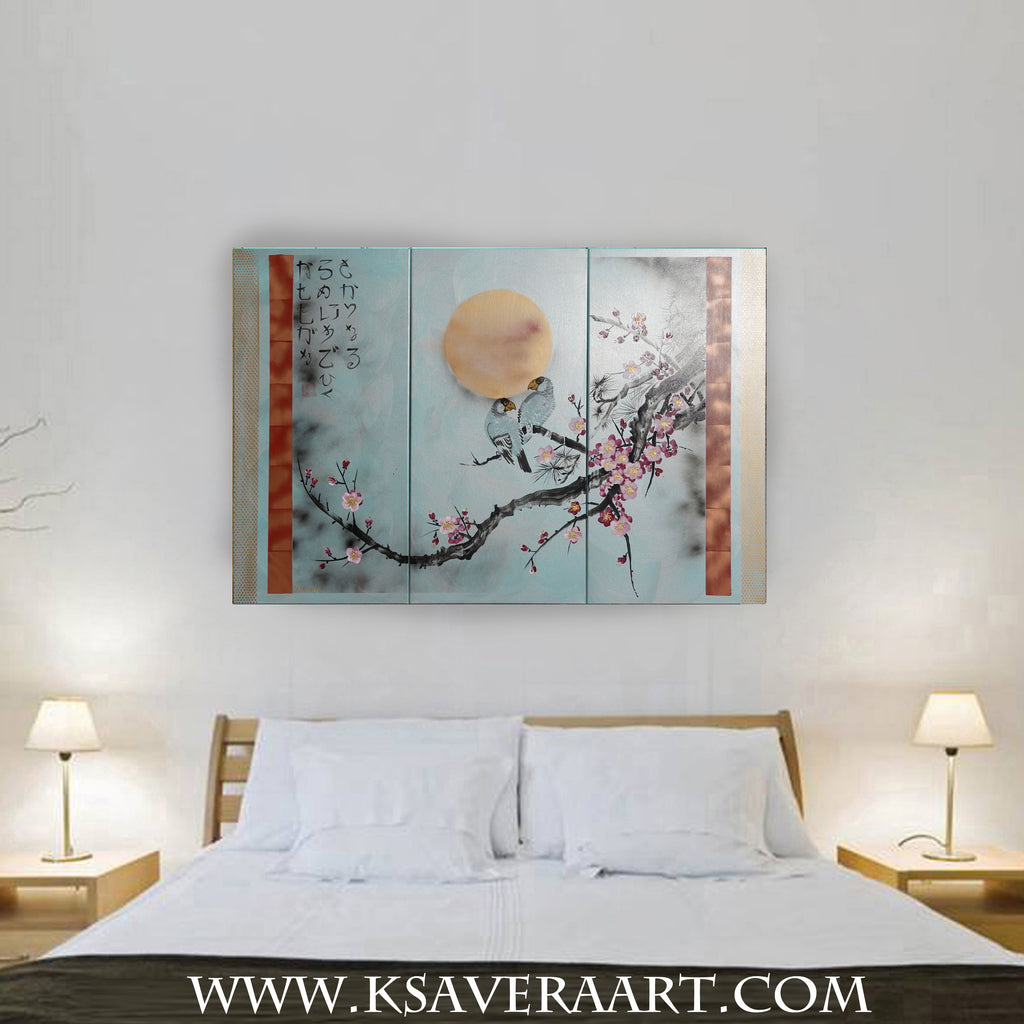 Sakura and love birds J232 is a large Japanese silver triptych by Ksavera