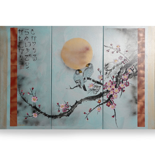 Sakura and love birds J232 is a large Japanese silver triptych by Ksavera